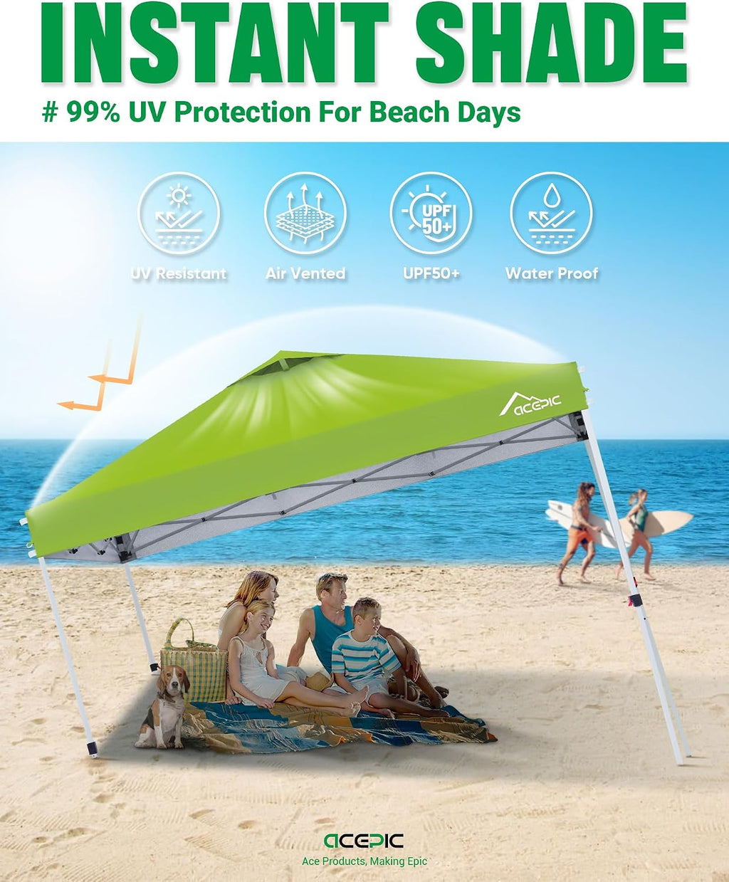 Acepic 10x10 Pop Up Canopy Tent,300D Silver-Coating Top,Pop Up Canopy Tent Instant Portable Shelter with 1-Button Push and Wheel Carry Bag, 8 Stakes and 4 Canopy Weights (Radiant Green, 10x10)