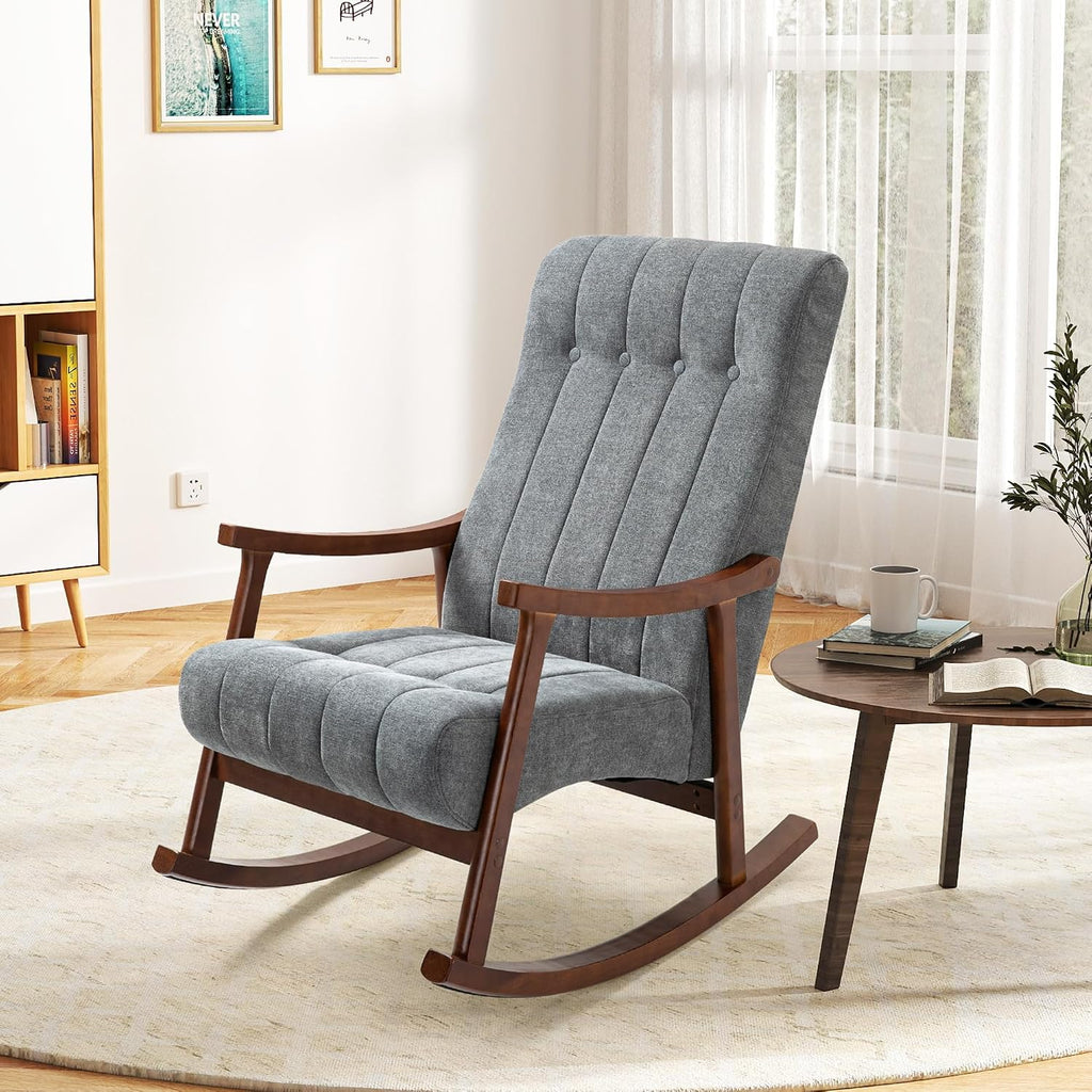 AVAWING Upholstered Rocking Chair with Fabric Padded Seat, Comfortable Rocker Solid Wood for Living Room, Modern High Back Armchair for Adult, Dark Grey