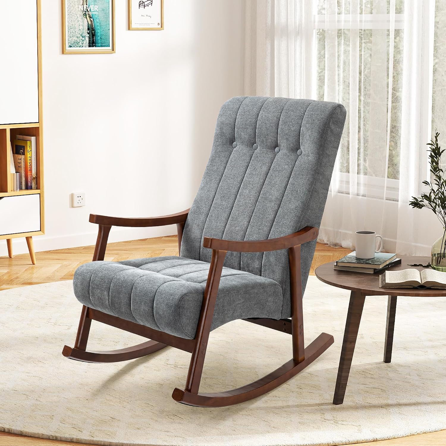 AVAWING Upholstered Rocking Chair with Fabric Padded Seat, Comfortable Rocker Solid Wood for Living Room, Modern High Back Armchair for Adult, Dark Grey
