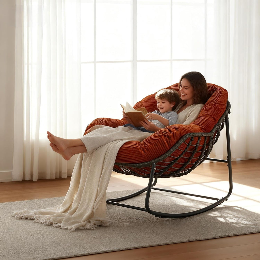 YDcosyfy Oversized Outdoor Papasan Rocking Chair Set of 2 with Soft Cushion, Comfy Patio Egg Chair, Wicker Lounge Rocker for Balcony/Porch/Garden, Reinforced All Weather Rattan Frame, Burnt Orange
