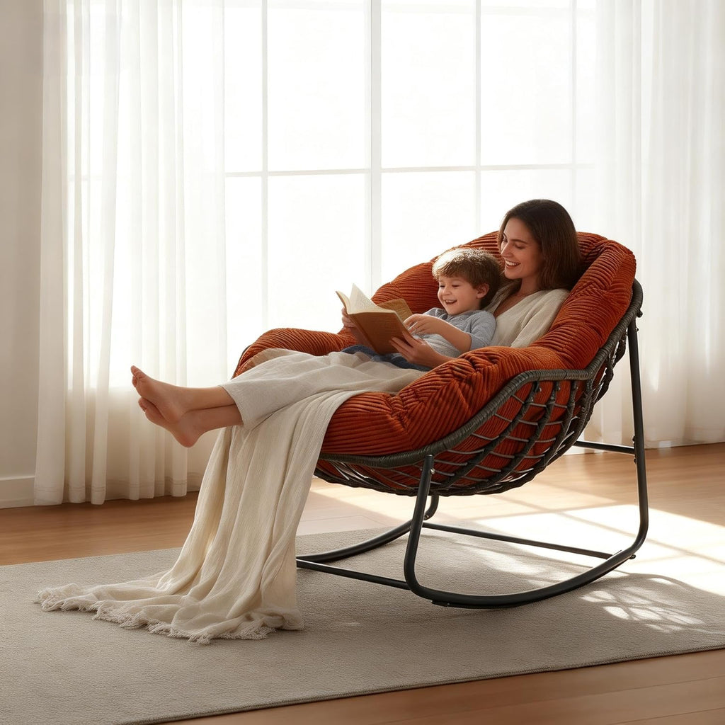 Oversized Outdoor Papasan Rocking Chair with Soft Cushion, Comfy Patio Egg Chair, Wicker Lounge Rocker for Balcony/Porch/Garden, Reinforced All Weather Rattan Frame, 330 lbs Support, Burnt Orange