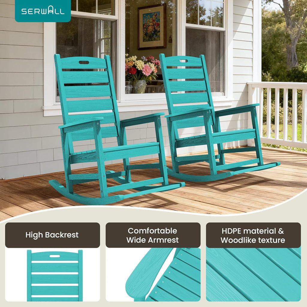 SERWALL Outdoor Rocking Chair Set of 2, Oversized HDPE Patio Rocking Chair with Footrest for Adults, All Weather Porch Rocker for Deck Patio Balcony, Aruba