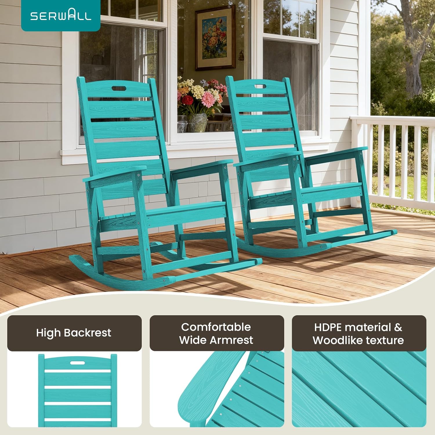 SERWALL Outdoor Rocking Chair Set of 2, Oversized HDPE Patio Rocking Chair with Footrest for Adults, All Weather Porch Rocker for Deck Patio Balcony, Aruba