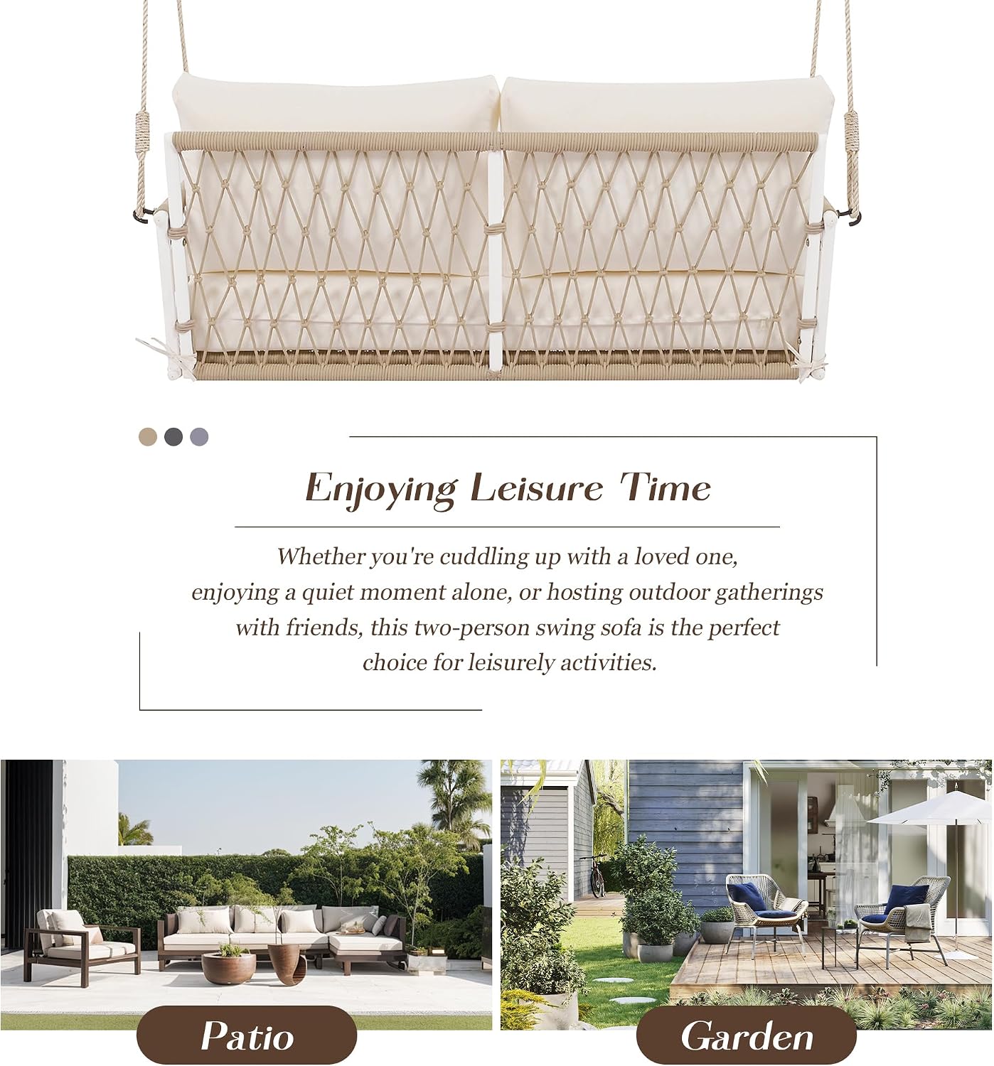 LUMISOL 2-Person Outdoor Porch Swing, 51.6' Woven Rope Swing Bench with Soft Cushions, Patio Hanging Chair for Balcony Porch Garden, Beige
