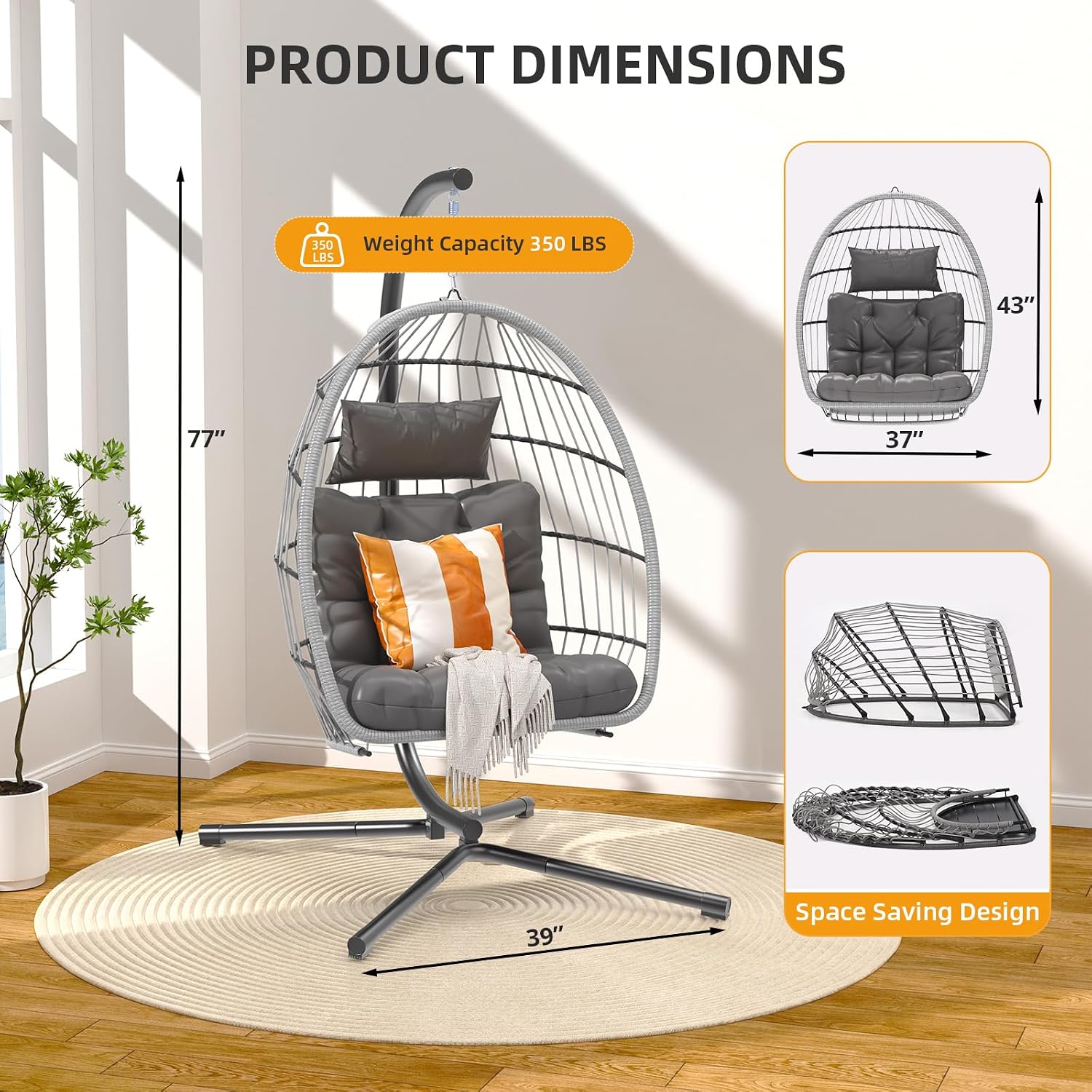 Hipicute Egg Chair with Stand,Patio Rattan Wicker Hanging Swing Egg Chair Hammock Chair for Bedroom Porch Garden,Thickened Aluminum Alloy Steel Frame and UV Resistant Cushion,350LBS Capacity