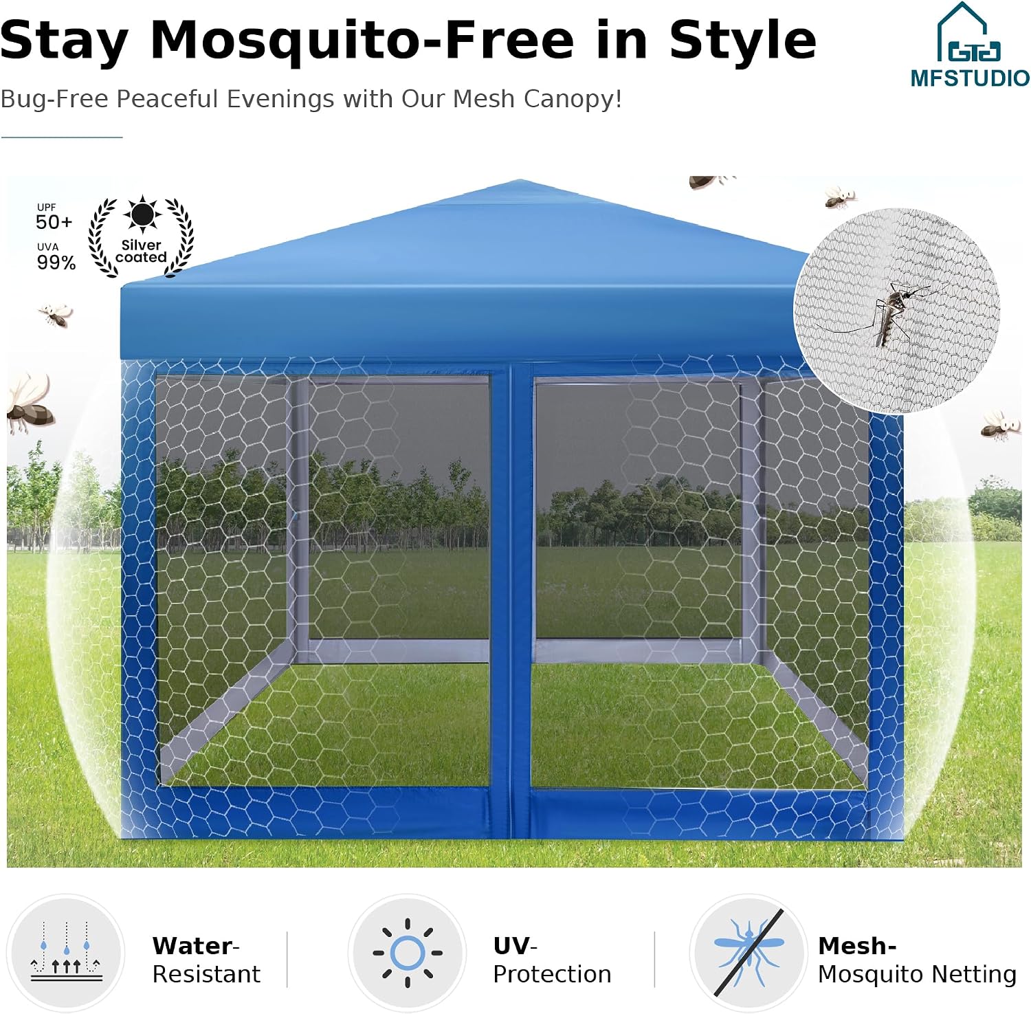 MFSTUDIO 10'x10' Pop Up Canopy Tent with Netting, Portable Instant Folding Canopy, Outdoor Canopy Screen Event Tent with 4 Zippered Mesh Netting for Garden, Blue