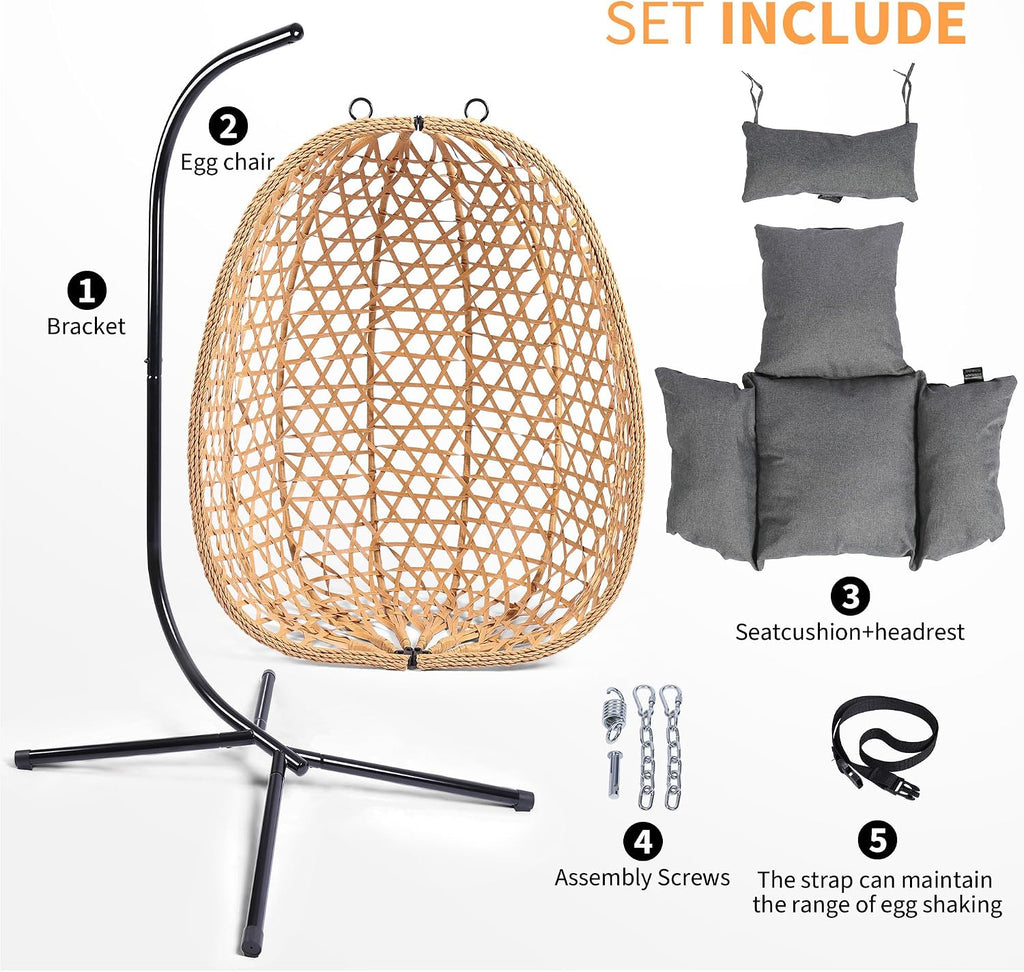 LHBCraft Hanging Egg Chair with Stand, Patio Wicker Swing Chair, Hammock Style with 350LBS Capacity for Bedroom, Balcony, or Garden (Yellow-Grey)