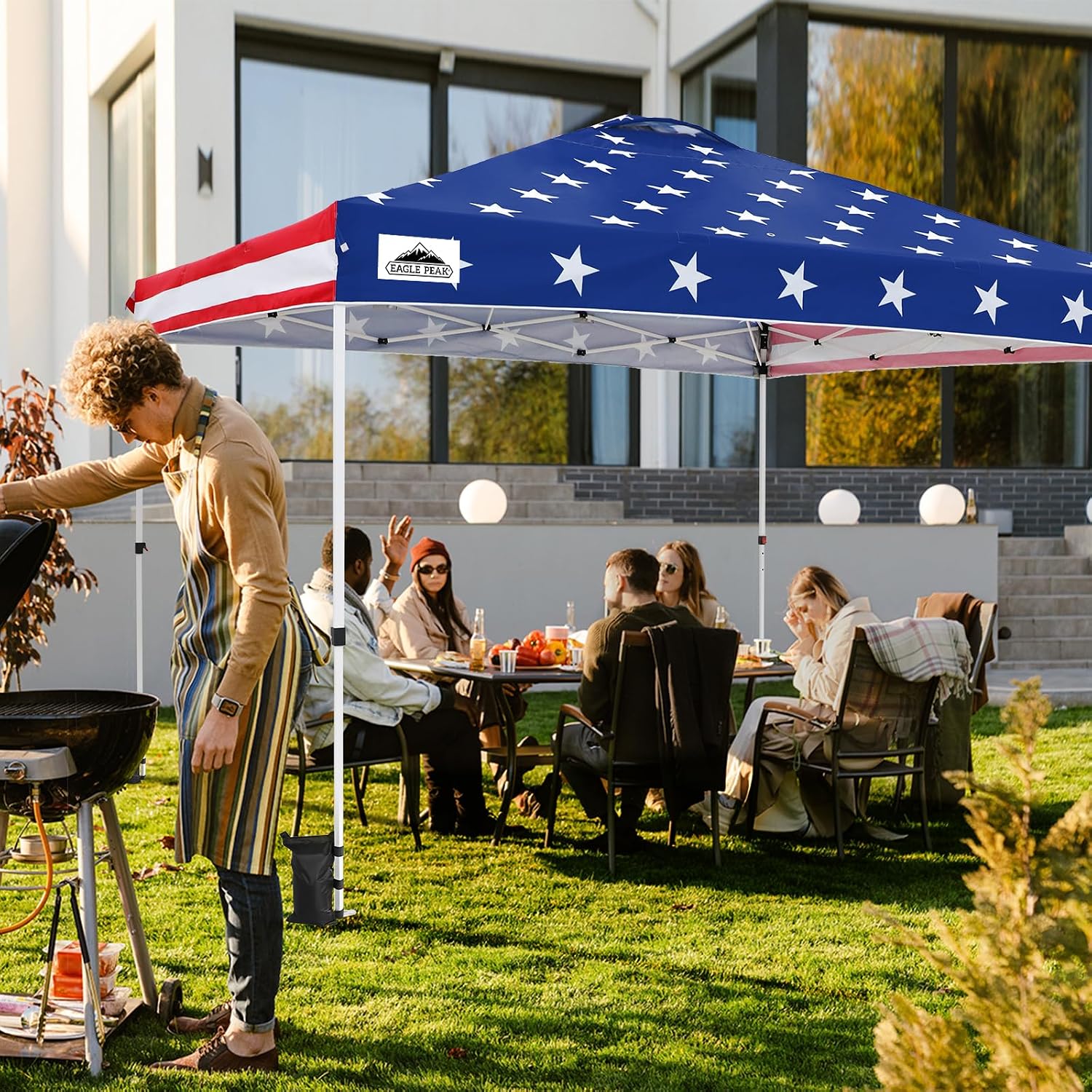 EAGLE PEAK Pop Up Canopy Tent with Wheeled Carry Bag, 8 Stakes, 4 Ropes, 4 Weight Bags, Easy Set Up Tent Canopy, 12x12 ft, 144sqft of Shade, American Flag