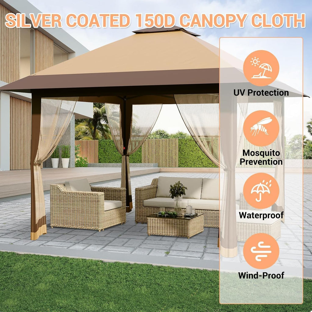 13'x13' Pop Up Gazebo, Outdoor Canopy Tent with Mosquito Netting, Pop Up Canopy with Double Roof Design & Adjustable Height, UV-Resistant Patio Gazebo Sunshade for Graden/Backyard/Lawn/Beach (Khaki)