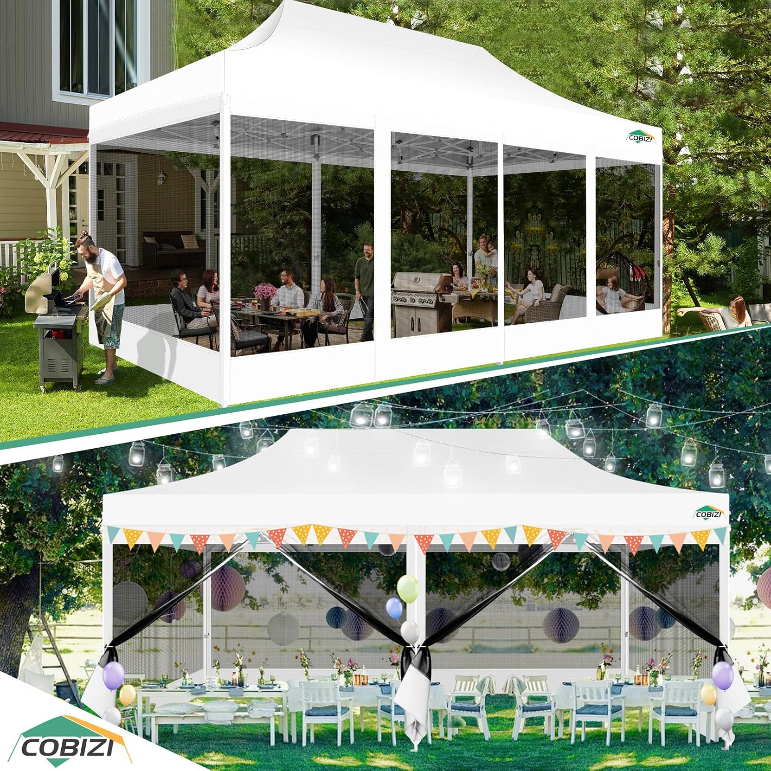 COBIZI 10x20 Canopy Tent with 6 Sidewalls,Heavy Duty Pop up Canopy with Mosquito Netting,Easy up Screen Tent for Parties Wedding Outdoor Patio with Roller Bag,White