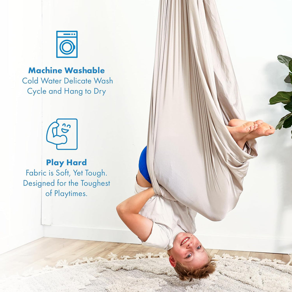 Harkla Sensory Swing for Kids & Adults - Holds 300lbs, Indoor Outdoor Sensory Swing for Hug Like Calming Effect - Durable Soft Stretch Fabric and Heavy Duty Hardware (Gray, 100' Swing + 5' Swivel)