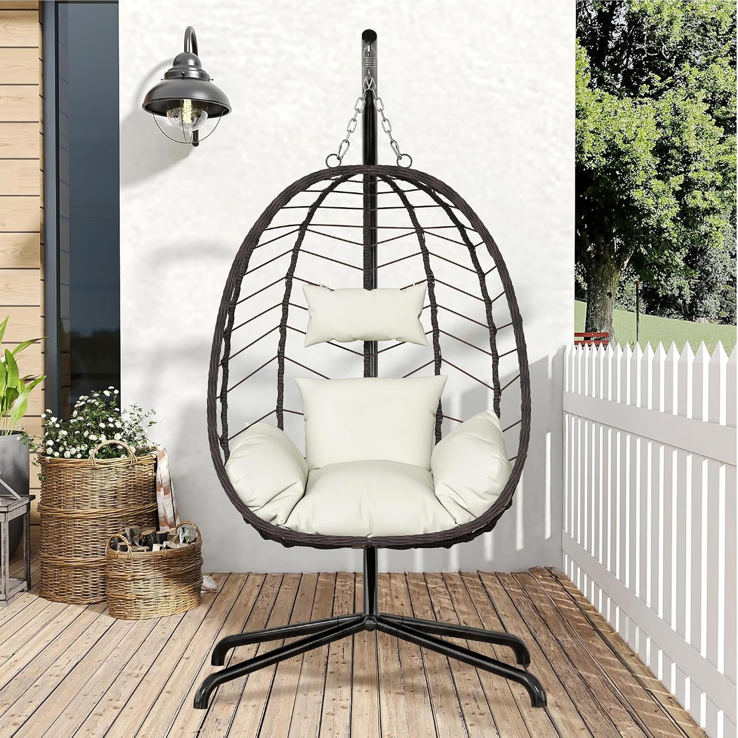 LEX CRAFT Hanging Egg Chair with Stand, Swinging Egg Chair Outdoor Indoor, Hanging Basket Chair with Cushion, Patio Wicker Hammock Chair 350lbs Capacity for Porch, Balcony, Backyard, Garden (Beige)