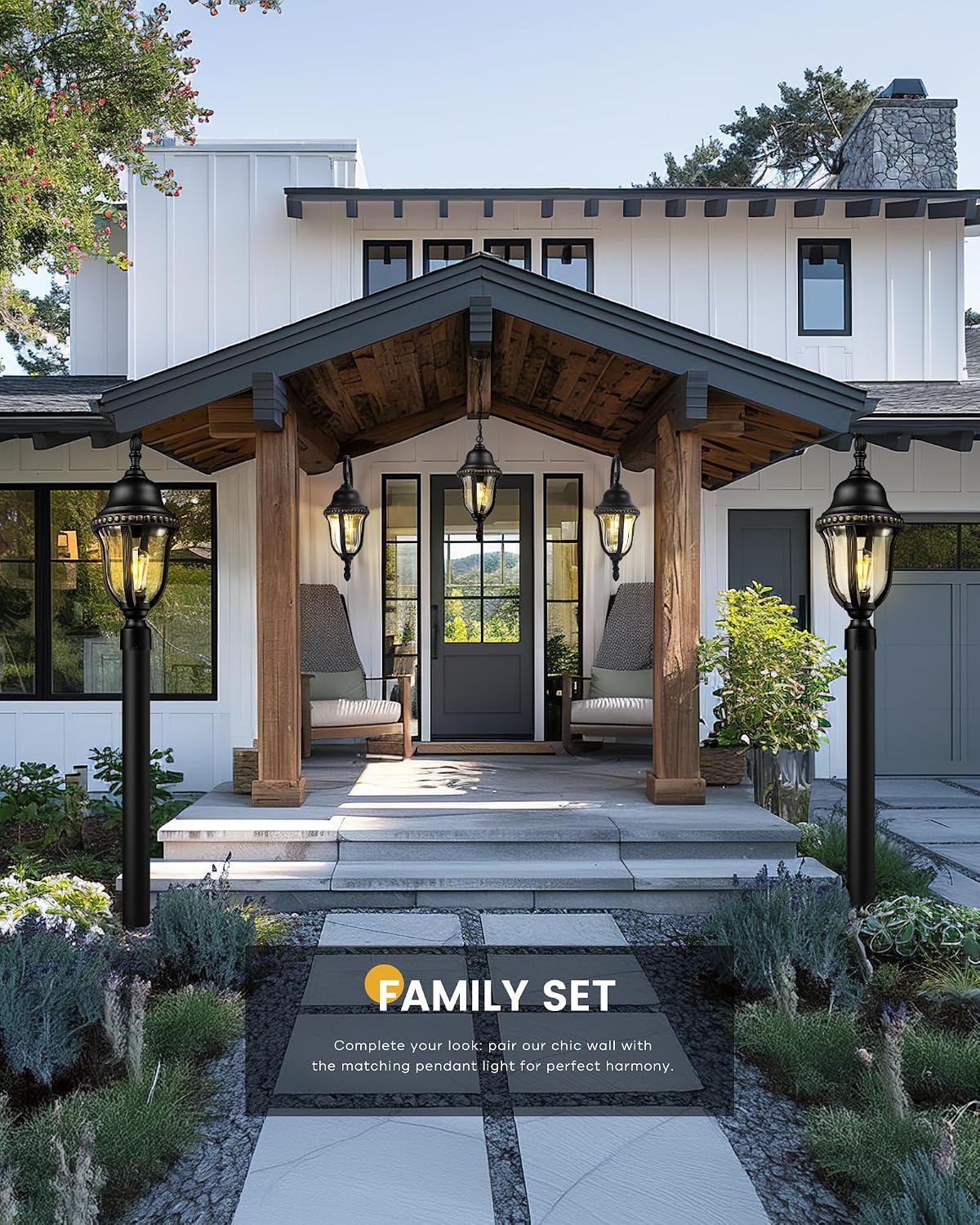 FEMILA 21' Outdoor Pendant Lights for Porch, Outdoor Chandelier for Gazebo, Patio, Hanging Lantern Light with Matte Black Finish, E26 Base, 4FX80H BK