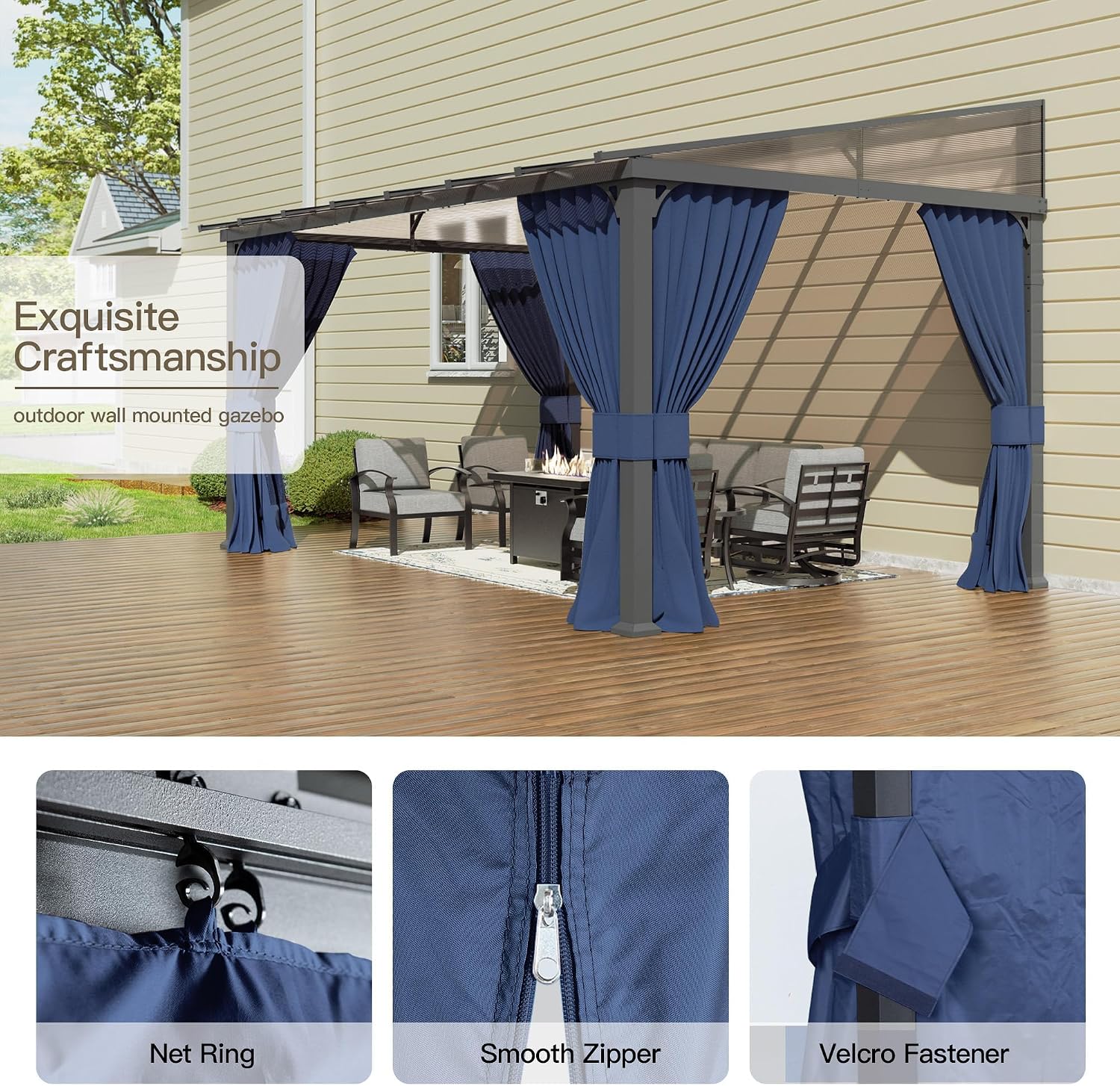 10' x 24' Gazebo for Patio,Wall Mounted Gazebo with Sloping Polycarbonate Roof,Aluminum Frame Outdoor pelgole w/Netting & Curtain for Garden,Backyard,Navyblue