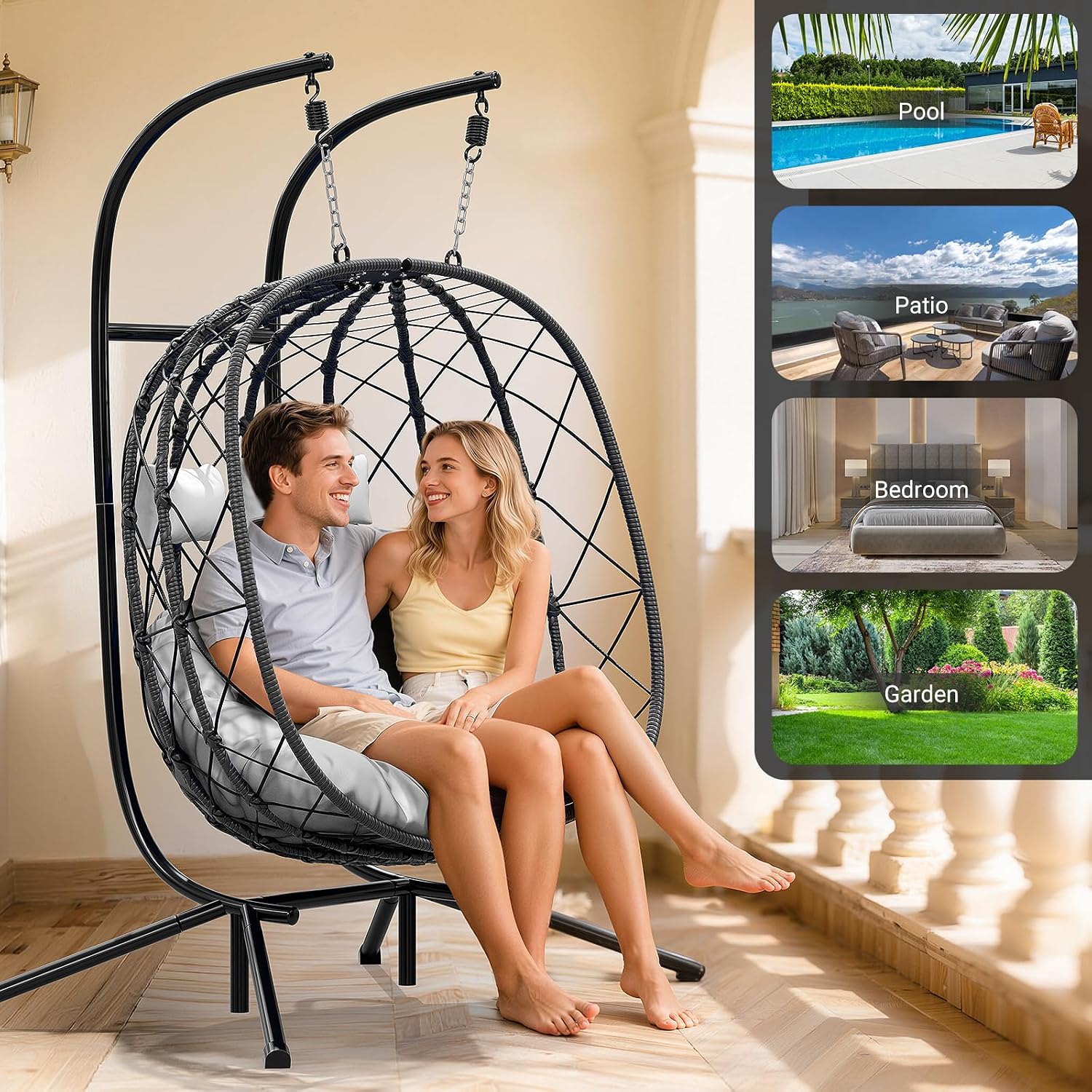 CHABATREE Double Egg Swing Chair with Stand - 2 Person Outdoor Patio Hanging Wicker Hammock Chair with Cushion, Dark Grey, for Garden, Lawn, Bedroom, Indoor/Outdoor Use