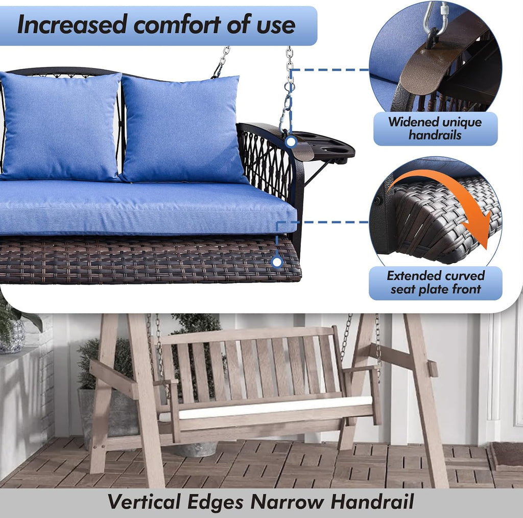 ZZW Wicker Porch Swing Heavy Duty 900 LBS 3-Seat Outdoor Patio Swing Chair with Cushions & 8.9ft Chains Outdoor Hanging Bench with Upgraded Cup Holders for Garden Deck Backyard