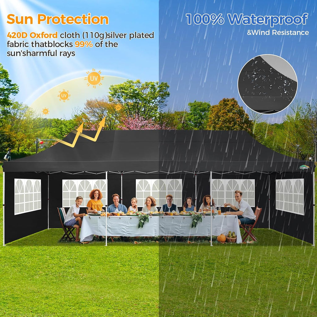 COBIZI 10x30 Pop up Canopy with 8 Removable Sidewalls & 4 Sandbags, Party Tent for Parties, Wedding, and Commercials, Waterproof and Instant Shelter UV50+ Ez Outdoor Canopy Tent with Roller Bag