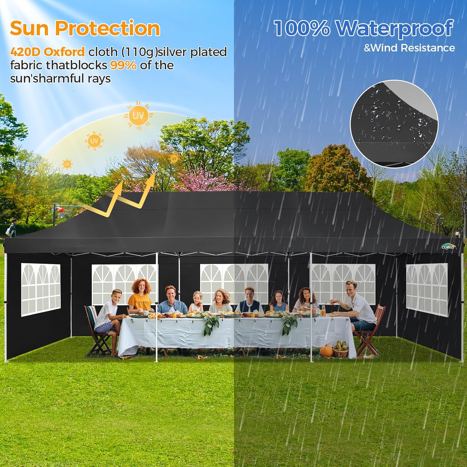COBIZI 10x30 Pop up Canopy with 8 Removable Sidewalls & 4 Sandbags, Party Tent for Parties, Wedding, and Commercials, Waterproof and Instant Shelter UV50+ Ez Outdoor Canopy Tent with Roller Bag