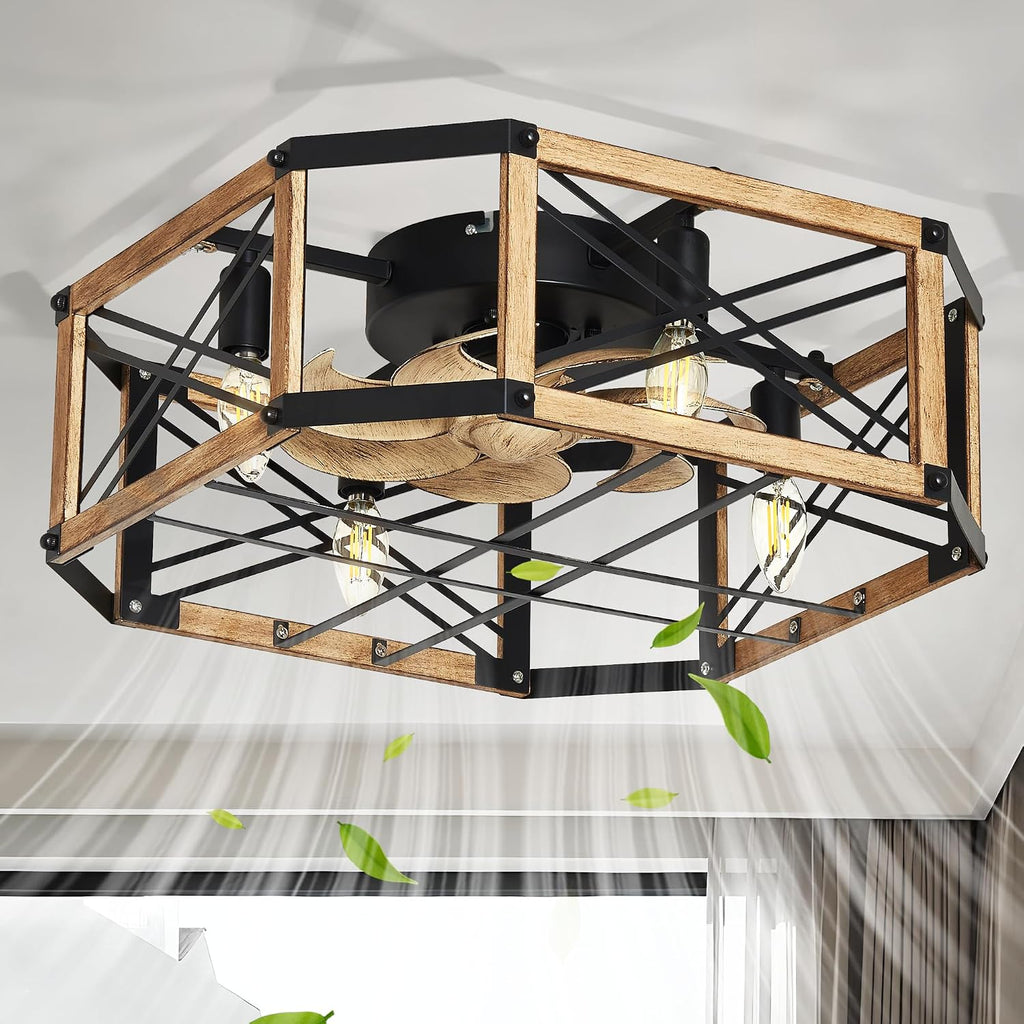21'' Flush-Mount Ceiling Fan with Dimmable-Light and Memory Remote, Reversible-Motor, Perfect for Bedroom, Living room, Kitchen, Outdoor Gazebo, Patio, Low-Profile Design Farmhouse Cage, White Oak