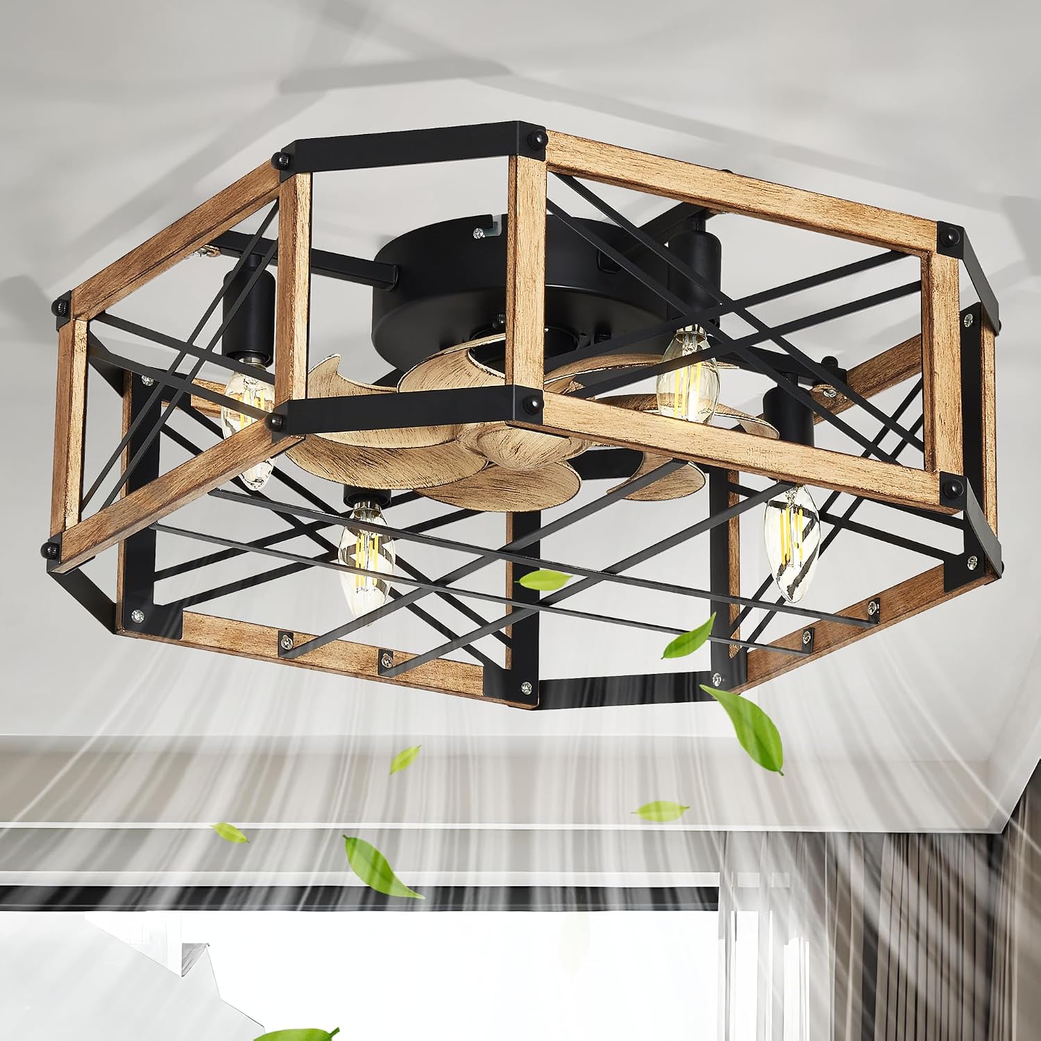 21'' Flush-Mount Ceiling Fan with Dimmable-Light and Memory Remote, Reversible-Motor, Perfect for Bedroom, Living room, Kitchen, Outdoor Gazebo, Patio, Low-Profile Design Farmhouse Cage, White Oak