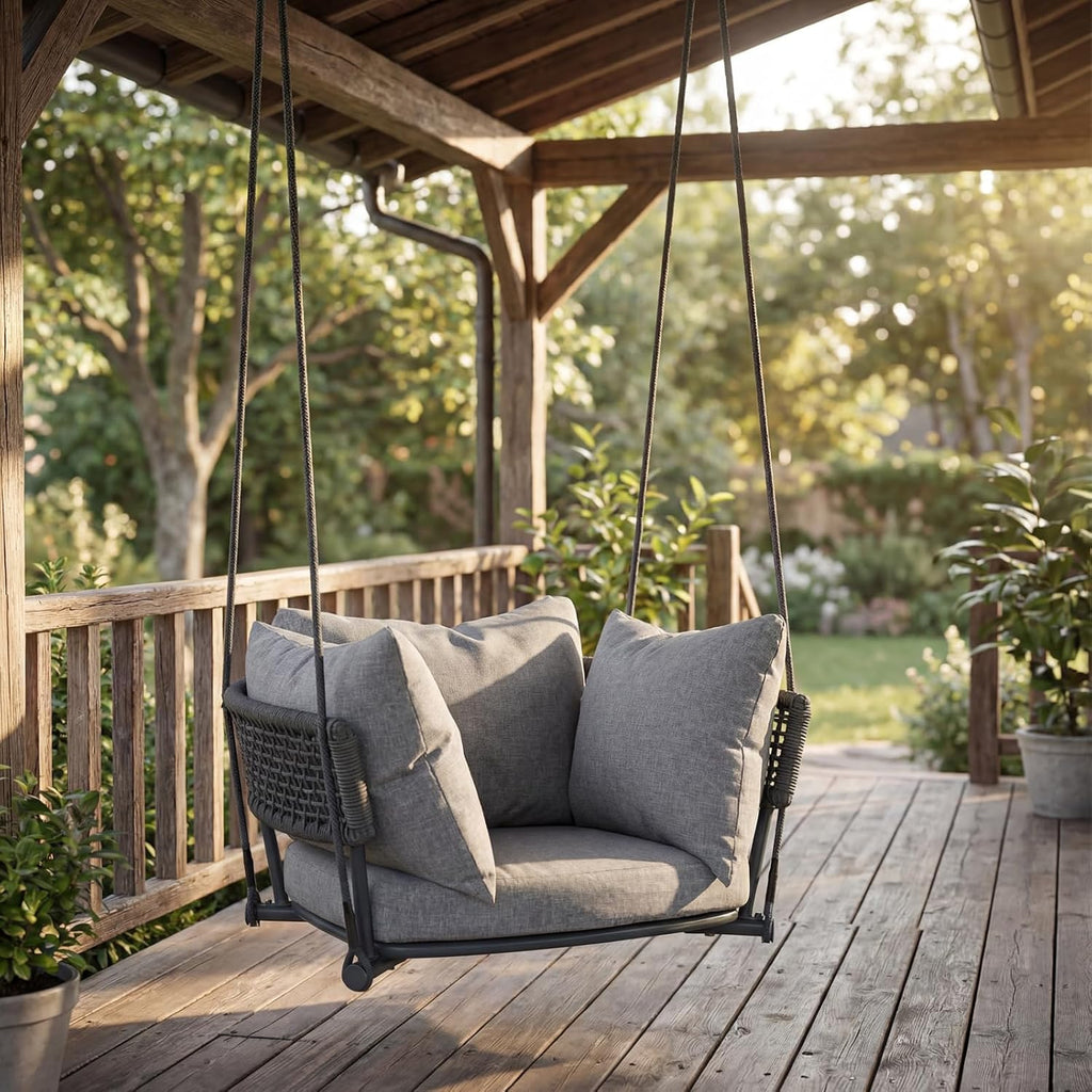Single Porch Swings Chair with Cushions, Hanging Rope Swing, Hanging Chair for Bedroom, Hammock Chairs Swing Indoor & Outdoor, Macrame Hanging Swinging, Patio, Balcony, Light Grey