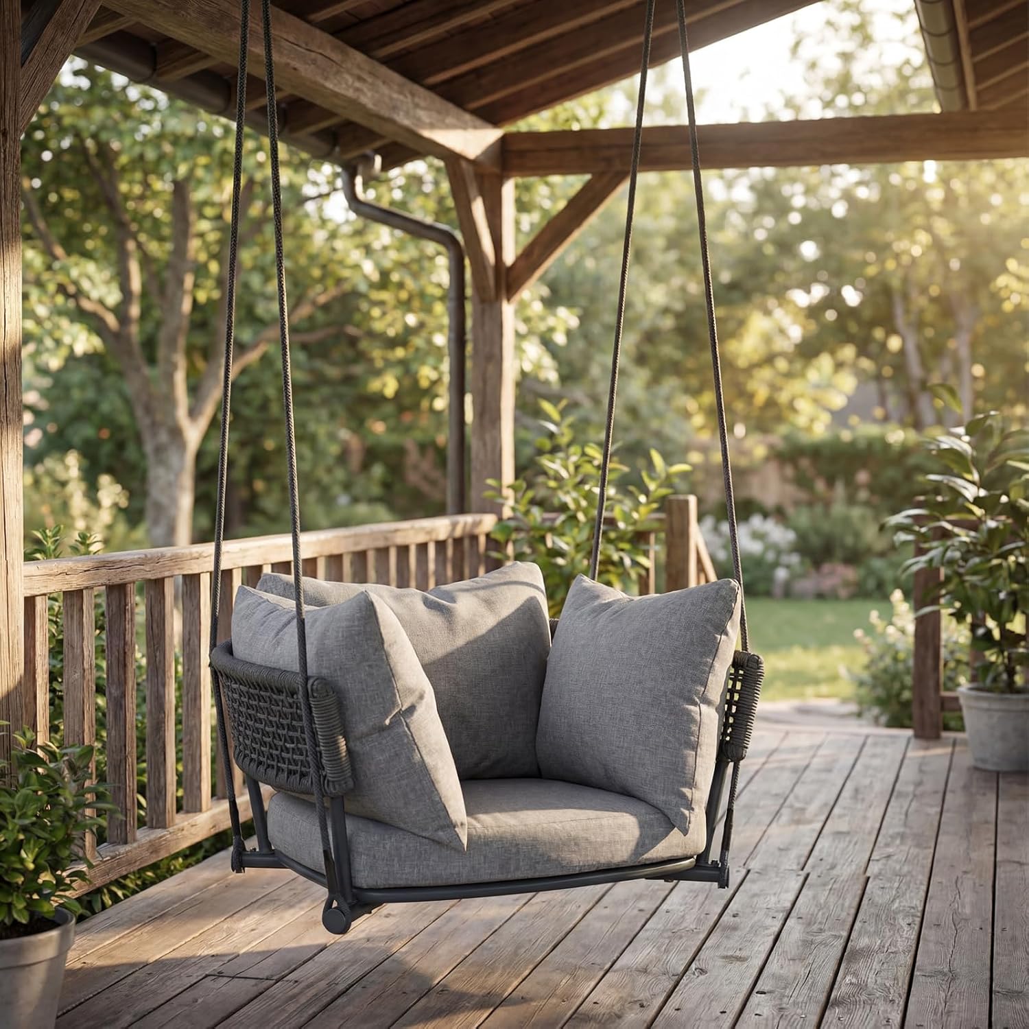 Single Porch Swings Chair with Cushions, Hanging Rope Swing, Hanging Chair for Bedroom, Hammock Chairs Swing Indoor & Outdoor, Macrame Hanging Swinging, Patio, Balcony, Light Grey