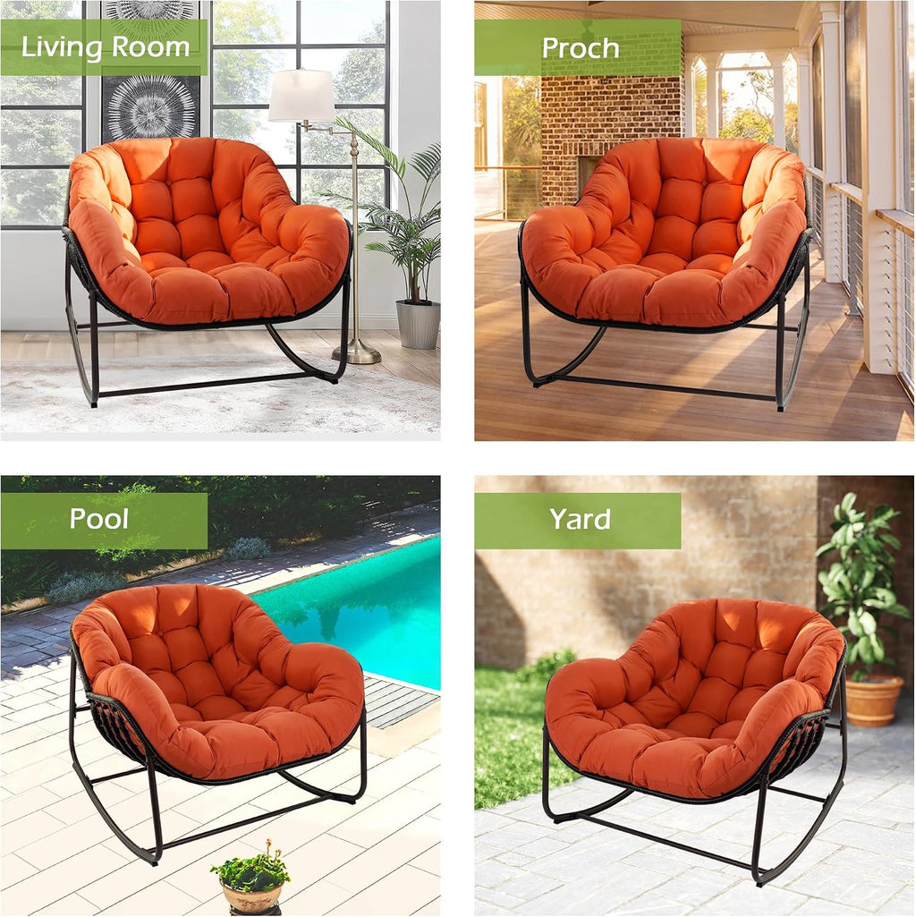 Papasan Rocking Chair, Oversized Papasan Chair with Cushion and Frame for Indoor& Outdoor, Deep Seat Egg-Shaped Rocker Chair for Garden, Deck, Living Room, Red