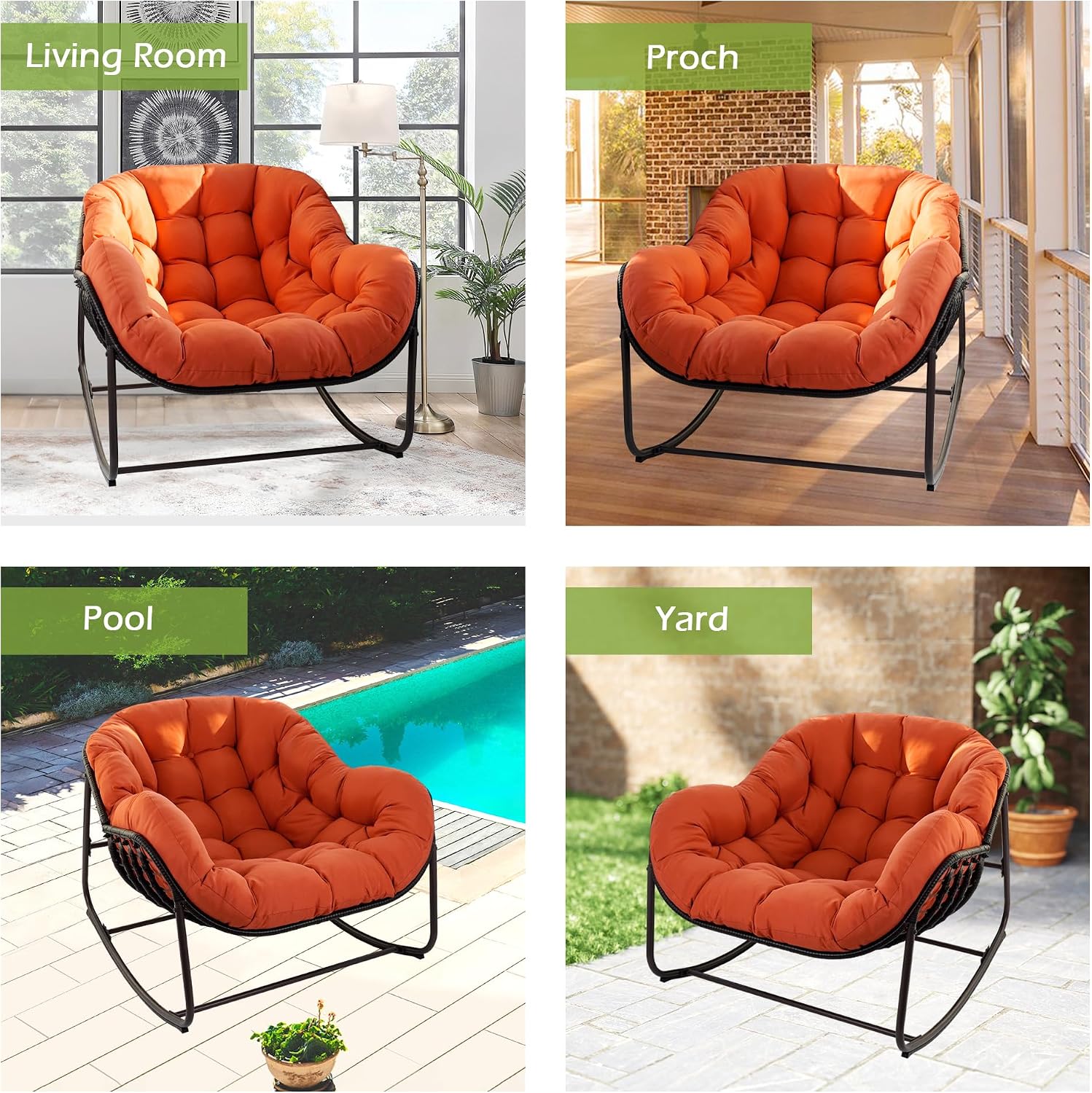 Papasan Rocking Chair, Oversized Papasan Chair with Cushion and Frame for Indoor& Outdoor, Deep Seat Egg-Shaped Rocker Chair for Garden, Deck, Living Room, Red