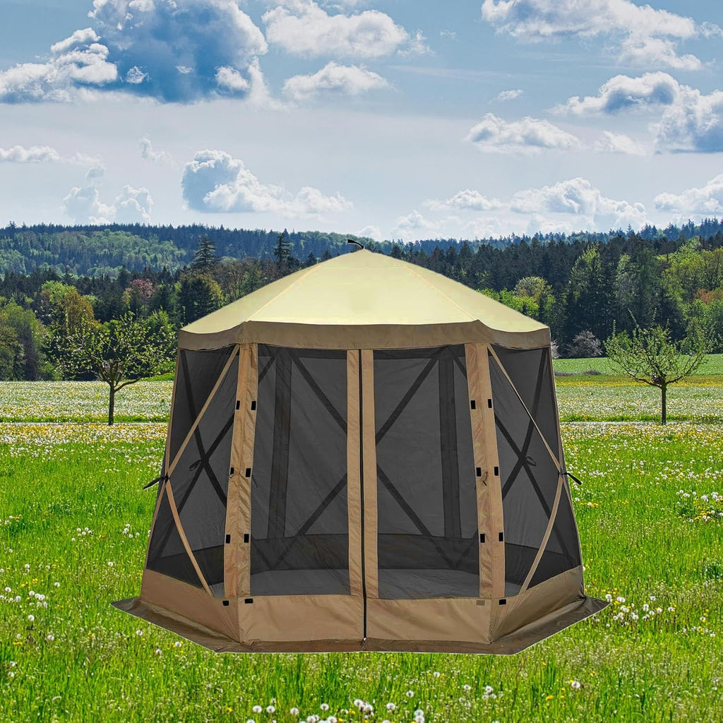 12x12ft Pop-Up Gazebo, Pop Up Canopy Outdoor Screen Tent 6 Side with Portable Carry Bag, Fiber Poles, Guy Rope, Ground Pegs, and 600D Oxford Cloth for Outdoor Camping, Lawn and Backyard