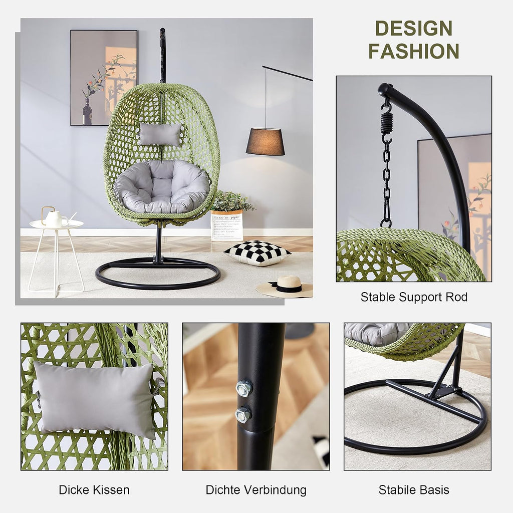 Egg Swing Chair with Stand Outdoor Indoor, Hanging Egg Chair with Cushions and Pillow,300lbs Capacity for Porch, Patio, Bedroom, Balcony, Green