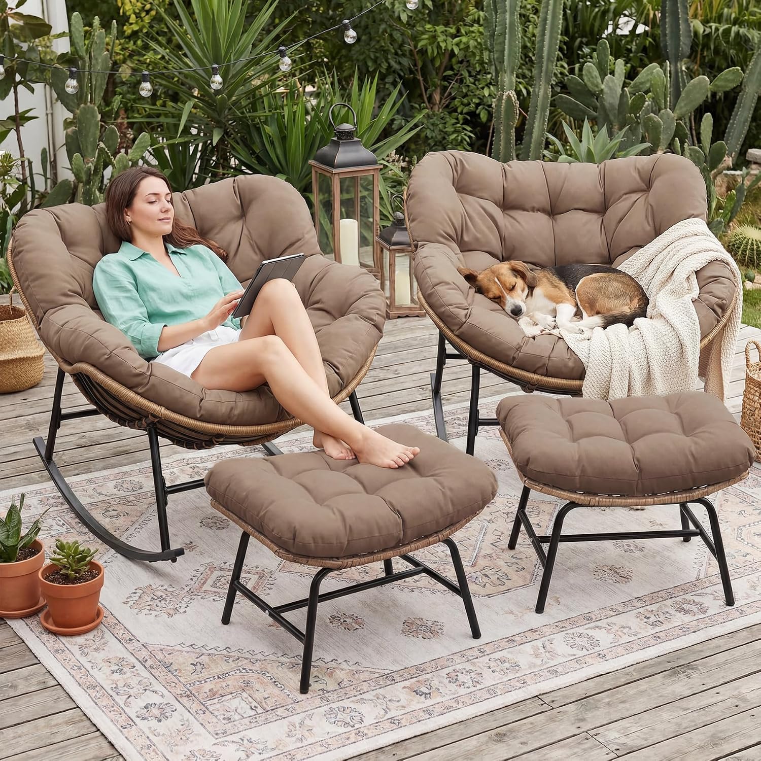FINCATI Patio Papasan Rocking Chair with Ottoman Set of 2, Outdoor Indoor Egg Chair with Footrests and Cushion, 450 lbs Heavy Duty Comfy Rattan Rocker for Balcony Backyard Bedroom Lawn Brown