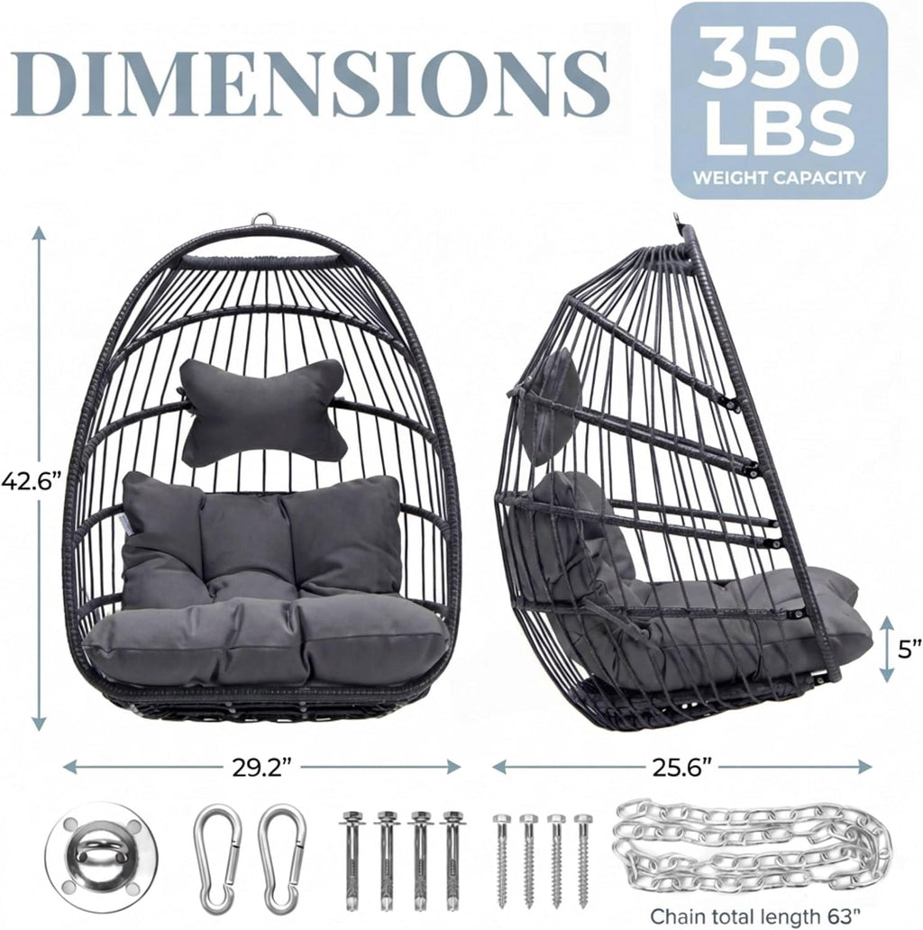 Nicesoul Foldable Space-Saving Hanging Egg Chair No Stand, 350lbs Reinforced Frame with Swing Design, Deep Seat with Thick Cushion, UV-Resistant Outdoor Indoor Use for Balcony Patio, Dark Grey