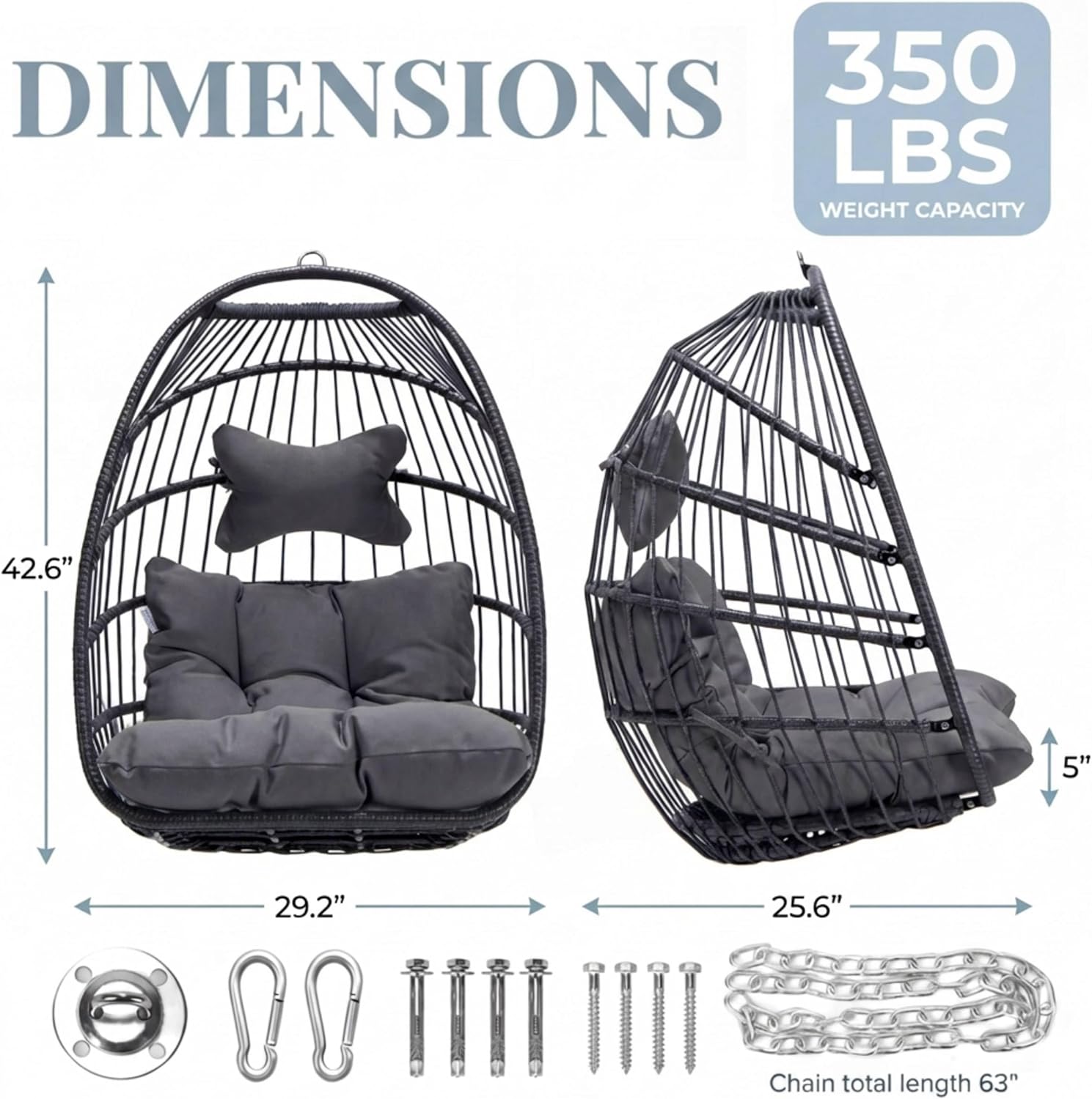 Nicesoul Foldable Space-Saving Hanging Egg Chair No Stand, 350lbs Reinforced Frame with Swing Design, Deep Seat with Thick Cushion, UV-Resistant Outdoor Indoor Use for Balcony Patio, Dark Grey