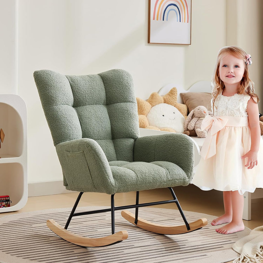GarveeHome Rocking Chair Nursery, Teddy Upholstered Glider Chair with High Backrest, Armrest and Side Pockets, Modern Comfy Accent Armchair Reading Chair for Bedroom, Living Room