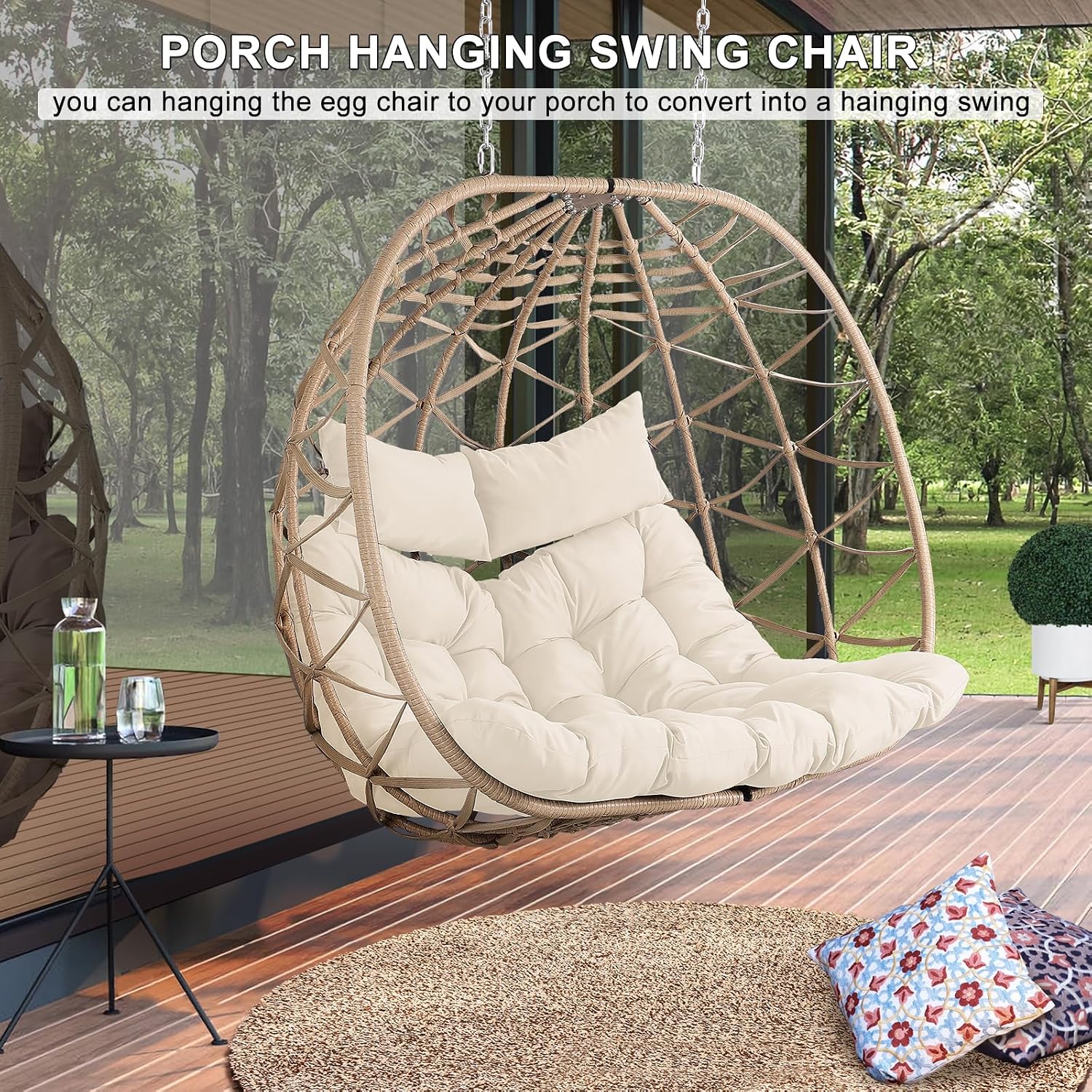 NOBLEMOOD Outdoor Egg Swing Chair with Stand, 2 Person Patio Swing Chairs with Thick Cushions and Pillows, Wicker Double Egg Chair Swing for Indoor Bedroom
