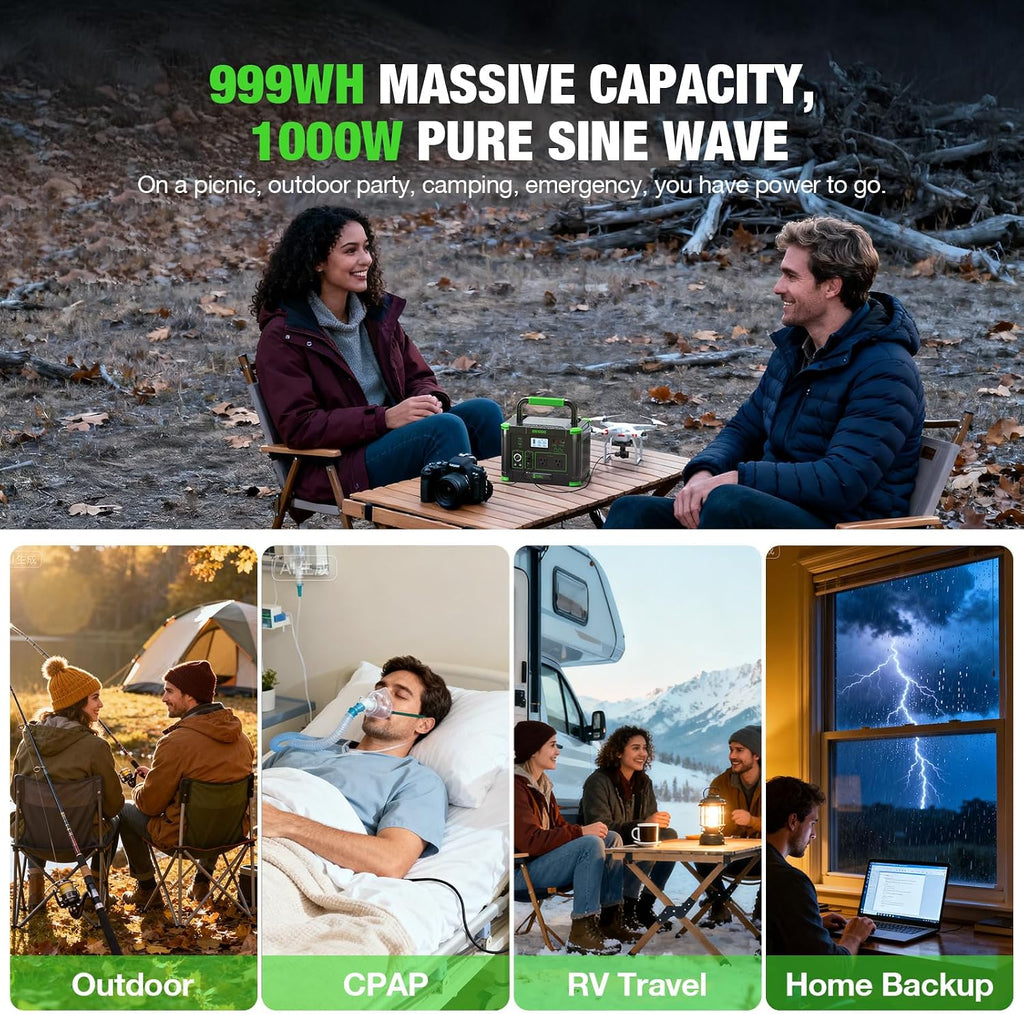 EBL Portable Power Station 1000W Solar Generator 999Wh Fast Charging Backup Battery with 5W Wireless Charging & Multiple Ports for Camping, Home Backup, RV & Off-Grid