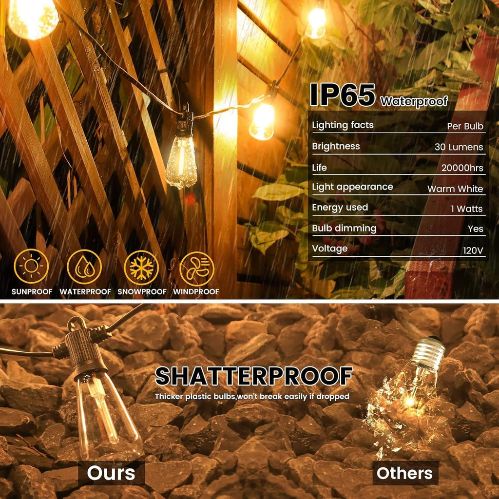 Zuske Outdoor String Lights Waterproof, 300FT Patio Lights with 146 Shatterproof ST38 Globe Bulbs(6 Spare), Connectable Dimmable LED Hanging String Lights for Outside Backyard Porch Balcony(150FT x 2)