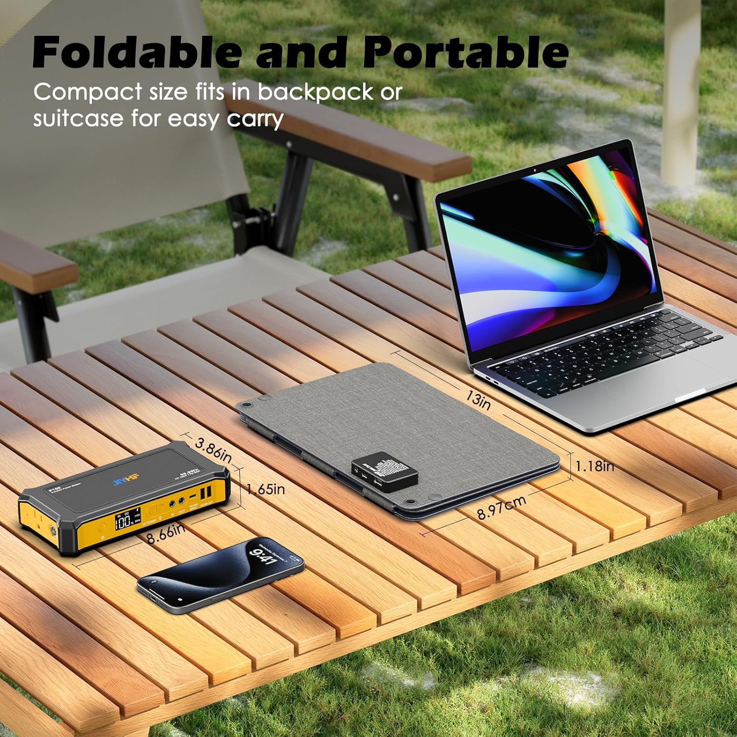 JIYHF Portable Power Station 99.9Wh with Foldable Solar Panel 30W, Laptop Charger & Backup Power with 65W USB-C PD, 100W AC Outlet, 12V DC Output, LED Light for Camping, Home Backup, Emergency, RV