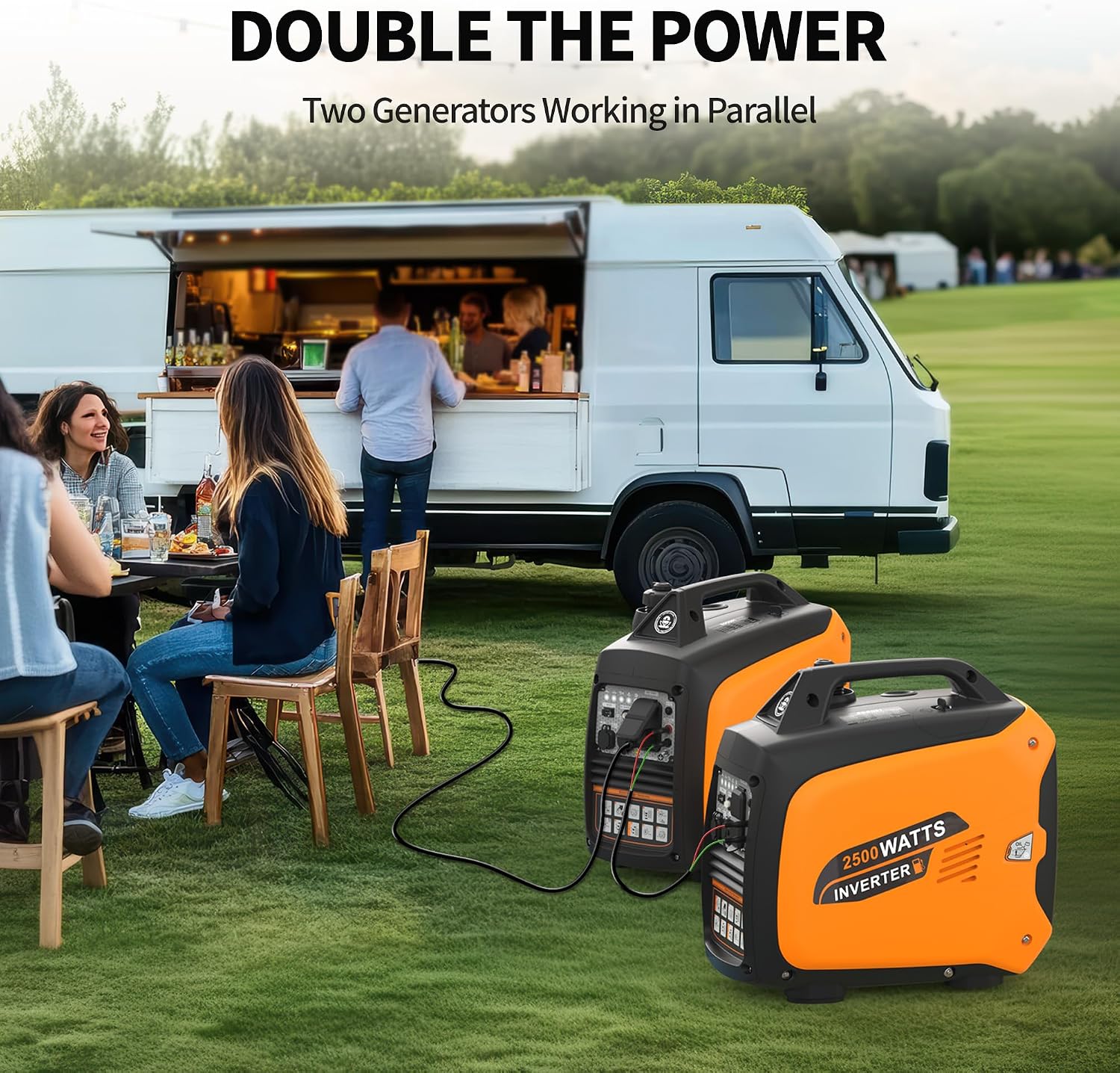 2500W Portable Inverter Generator, Super Quiet Long Runtime Gas Generator for Home Use, with CO Sensor, Parallel Capable, for Camping, RV, Tailgating, Emergency Backup, EPA Compliant (Orange)