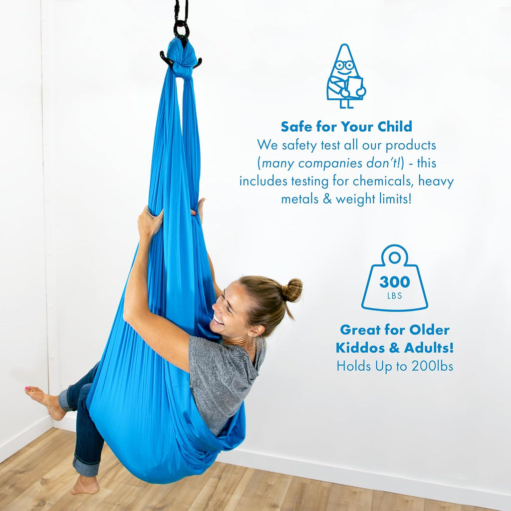 Harkla Sensory Swing for Kids & Adults - Holds 300lbs, Indoor Outdoor Sensory Swing for Hug Like Calming Effect - Durable Soft Stretch Fabric and Heavy Duty Hardware (Blue, 100' Swing + 5' Swivel)