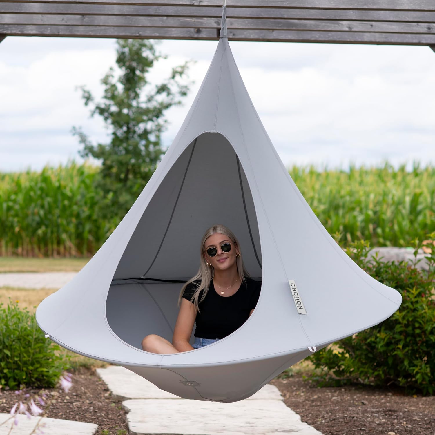 Double Cacoon Hanging Chair for Two – Cozy Indoor/Outdoor Hammock with Polyester Canvas, 440 lb Capacity, Includes 18ft Rope & Carabiner (Moon River)