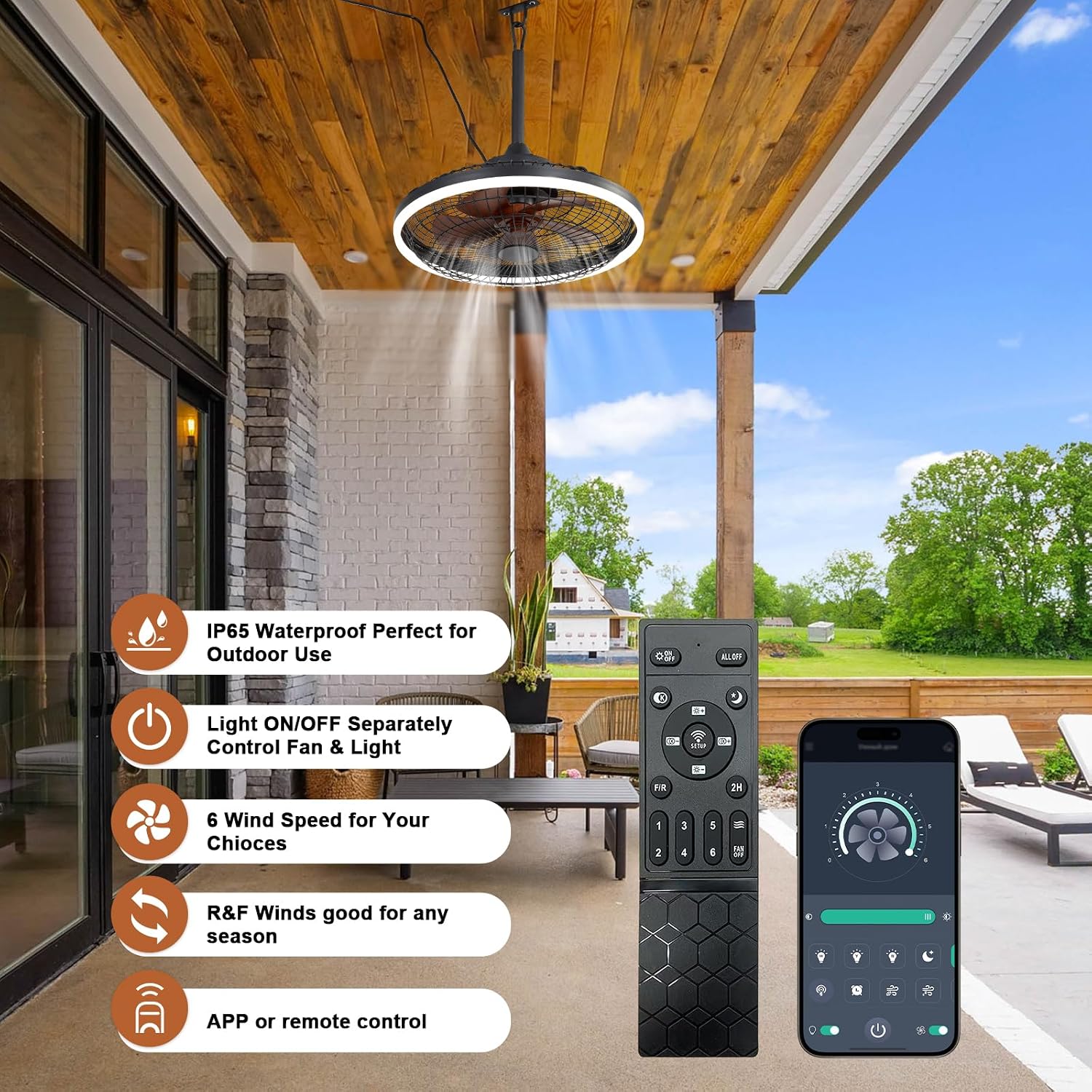 20' Waterproof Outdoor Ceiling Fan with Light Black Caged Gazebo Fans Outdoor Hanging for Patios Pergola Porch Gazebo, with Plug-in Cord, Dimmable LED Light, APP Remote Control, 6 Speeds