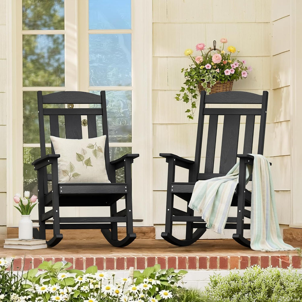LUE BONA Outdoor Rocking Chairs Set of 2, Weather Resistant Poly Plastic Rocker, 350lb Heavy Duty, Oversized Porch Rocker for Adult, High Back Smooth for Outdoor & Indoor, Black