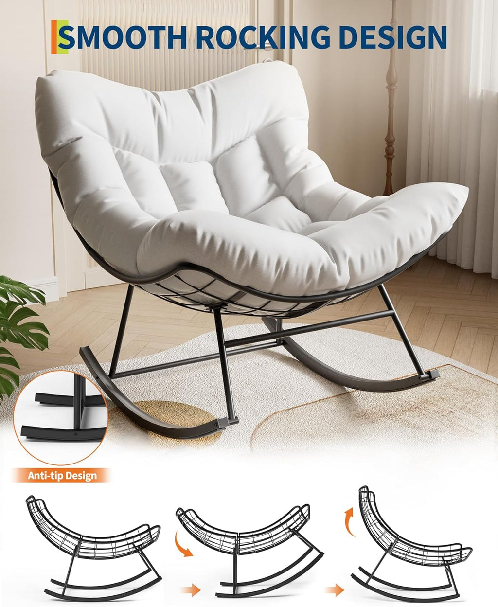 GarveeLife Outdoor Papasan Rocking Chair, Oversized Rocking Chair with Sturdy Metal Frame, Patio Egg Rocker for Balcony Backyard Porch Bedroom, White