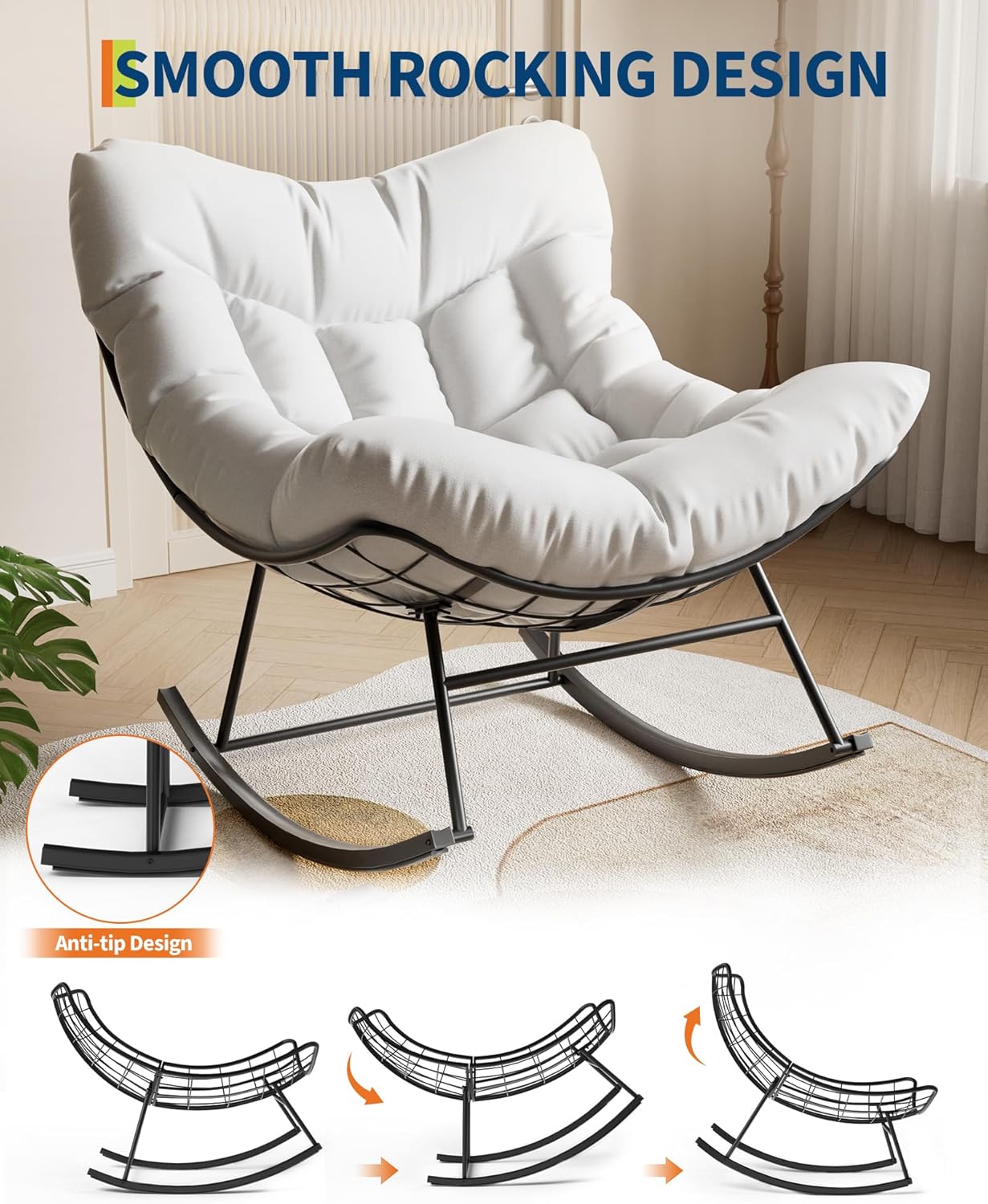 GarveeLife Outdoor Papasan Rocking Chair, Oversized Rocking Chair with Sturdy Metal Frame, Patio Egg Rocker for Balcony Backyard Porch Bedroom, White