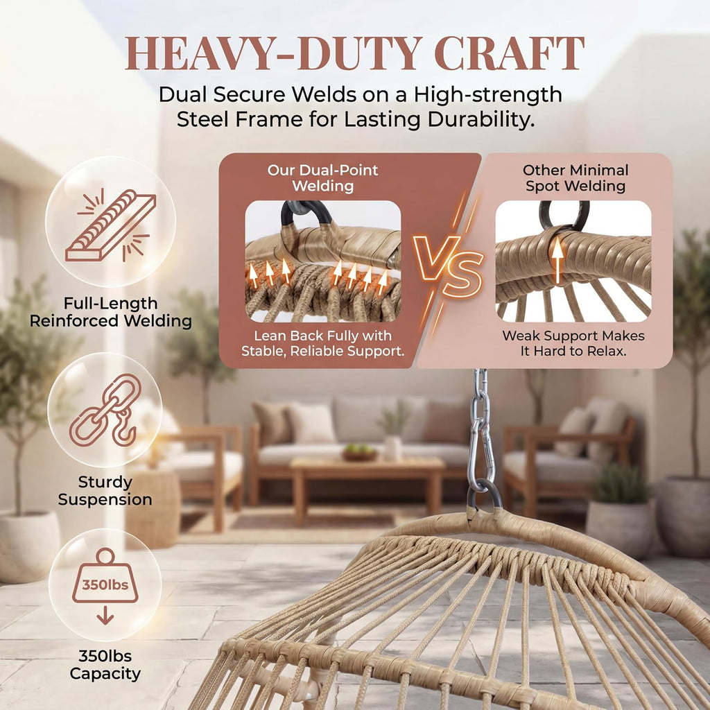 NICESOUL Egg Chair Without Stand Indoor Outdoor, Comfy Patio Wicker Hanging Chair with Cushion, 350lbs Swing Hammock Egg Basket Chairs, All Weather Ceiling/Tree Chairs for Balcony, Beige No Stand