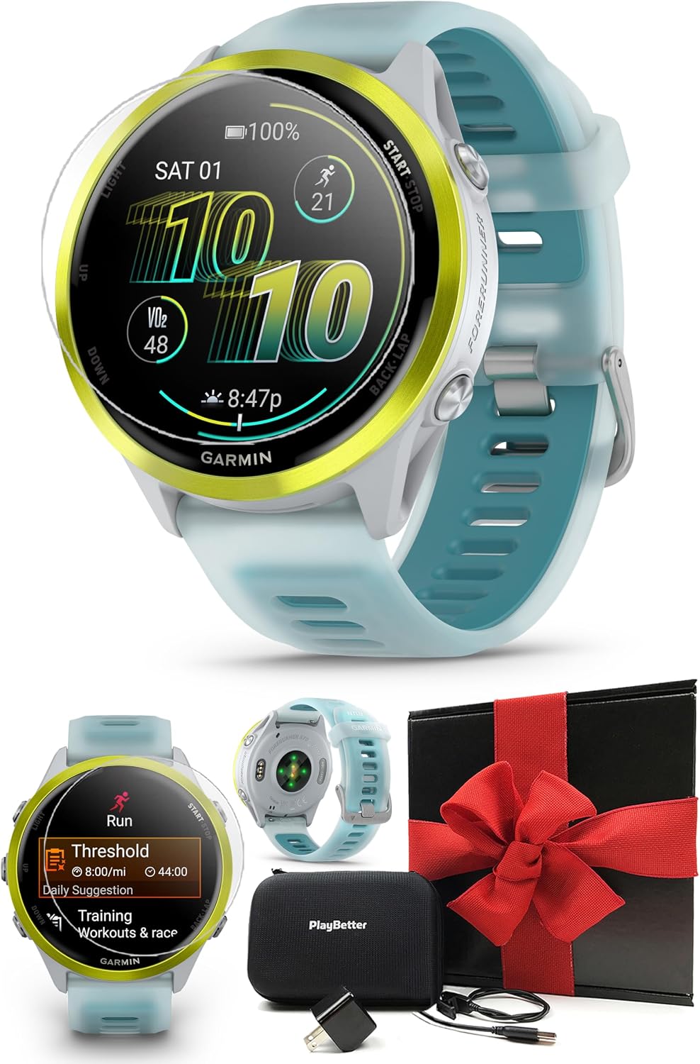 Garmin Forerunner 570 (47 mm, Amp Yellow/Translucent Whitestone/Turquoise) Running GPS Smartwatch - AMOLED Display, Training - Gift Box Bundle w/PlayBetter HD Screen Protectors, Wall Adapter & Case