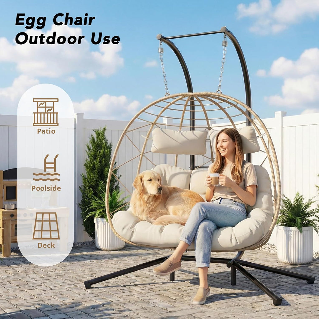 Easyego 2-Person Wicker Hanging Egg Chair with Stand- 700 lb Capacity, Indoor/Outdoor Double Egg Swing Hammock Chair for Patio, Garden, Porch, Living Room, Bedroom-Beige