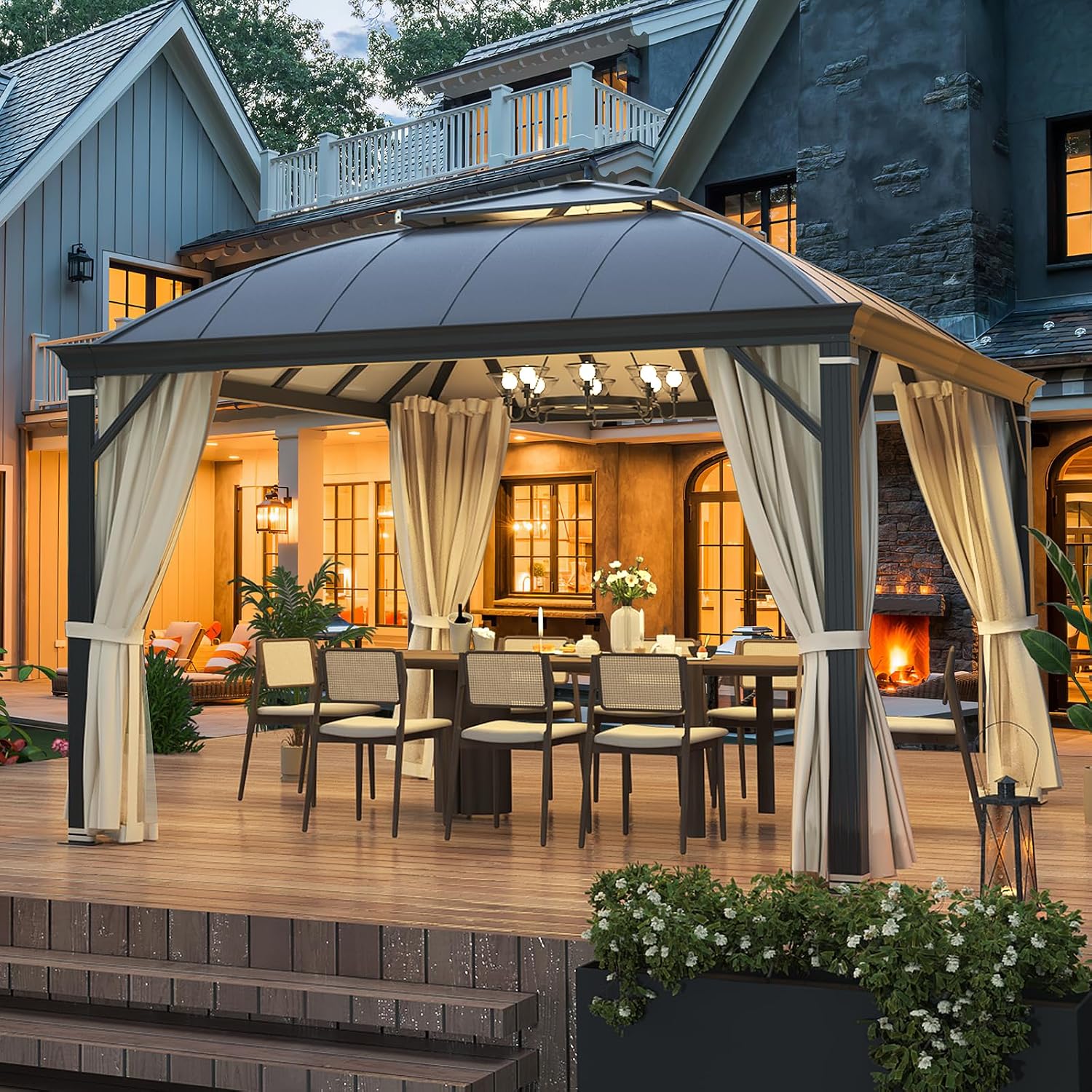 YOLENY 12'x12' Hardtop Gazebo, Permanent Outdoor Aluminum Patio Gazebo with Aluminum Composite Double Arc Roof for Patio Lawn and Garden, Curtains and Netting Included