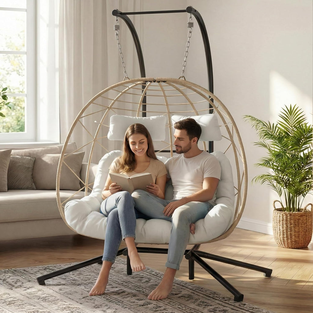 Easyego Set of 2 Wicker Hanging Egg Chairs with Stand, 700 lb Capacity, Indoor/Outdoor Double Egg Swing Hammock Chairs for Patio, Garden, Porch, Living Room, Bedroom, Beige
